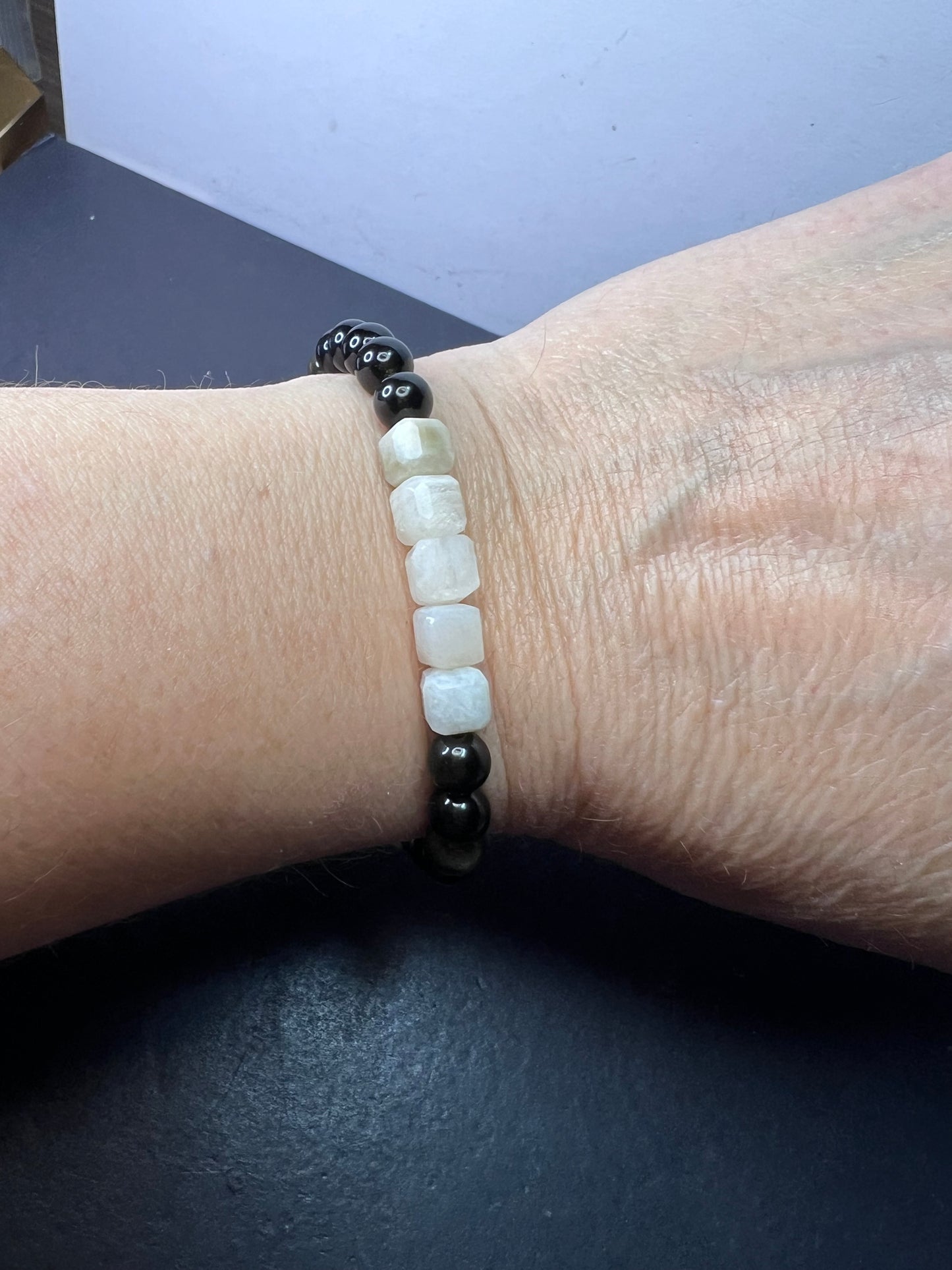 Golden sheen obsidian and moonstone stretch bracelet 7 inch