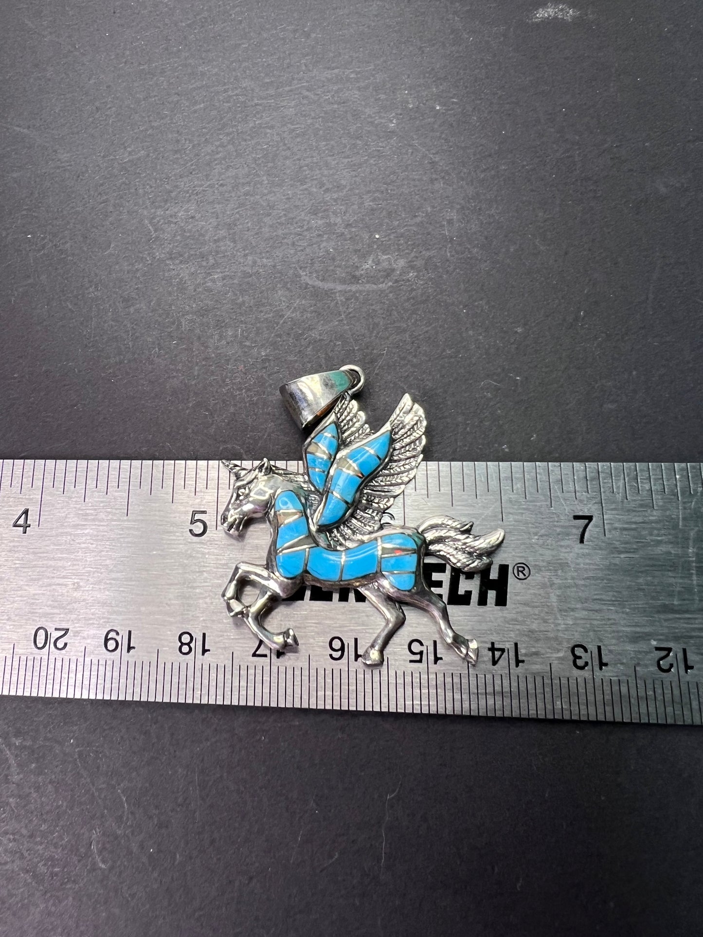 Turquoise and lab opal inlay Pegasus unicorn sterling silver pendant