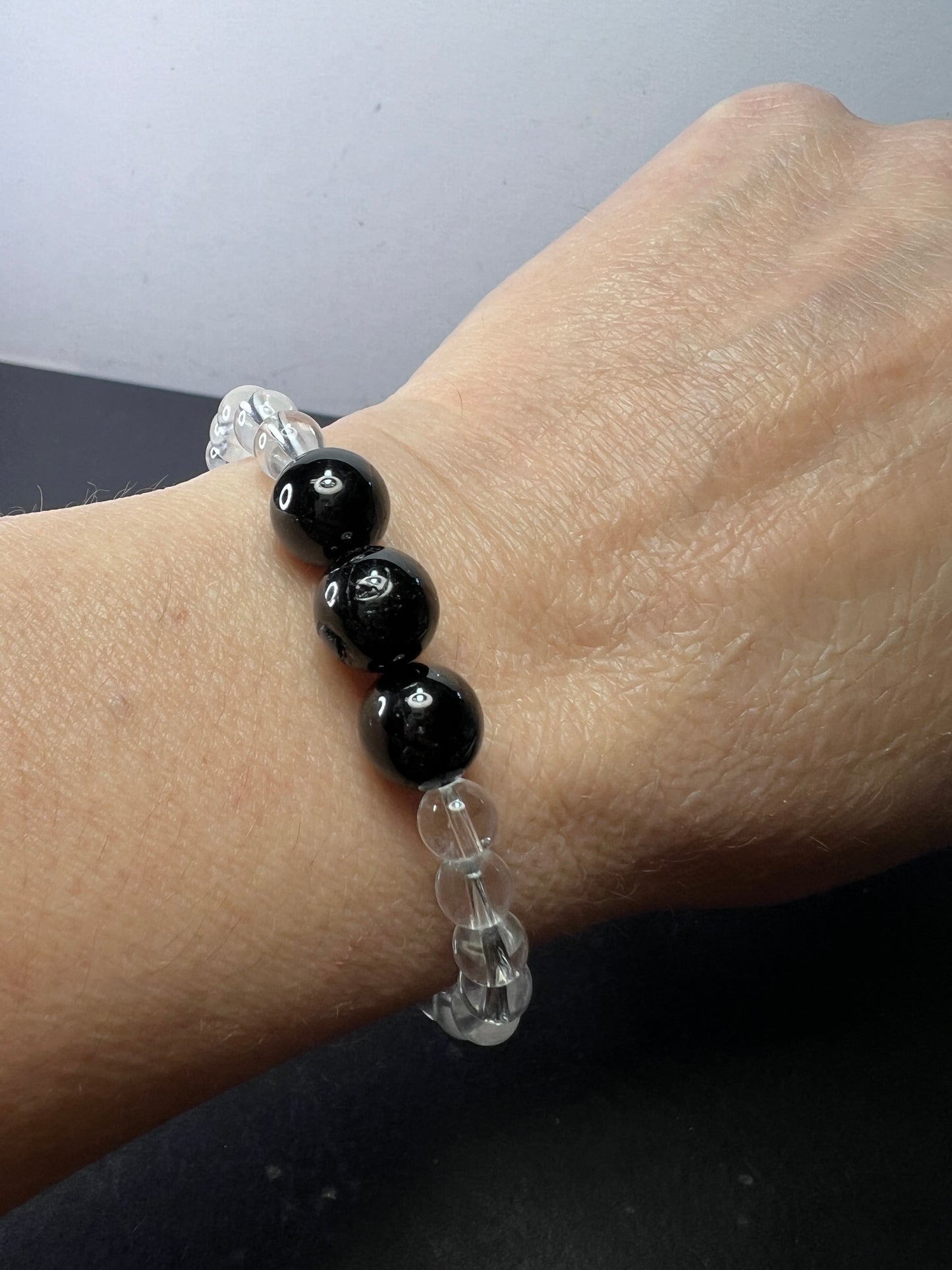 Clear quartz and black tourmaline stretch bracelet 8 inch