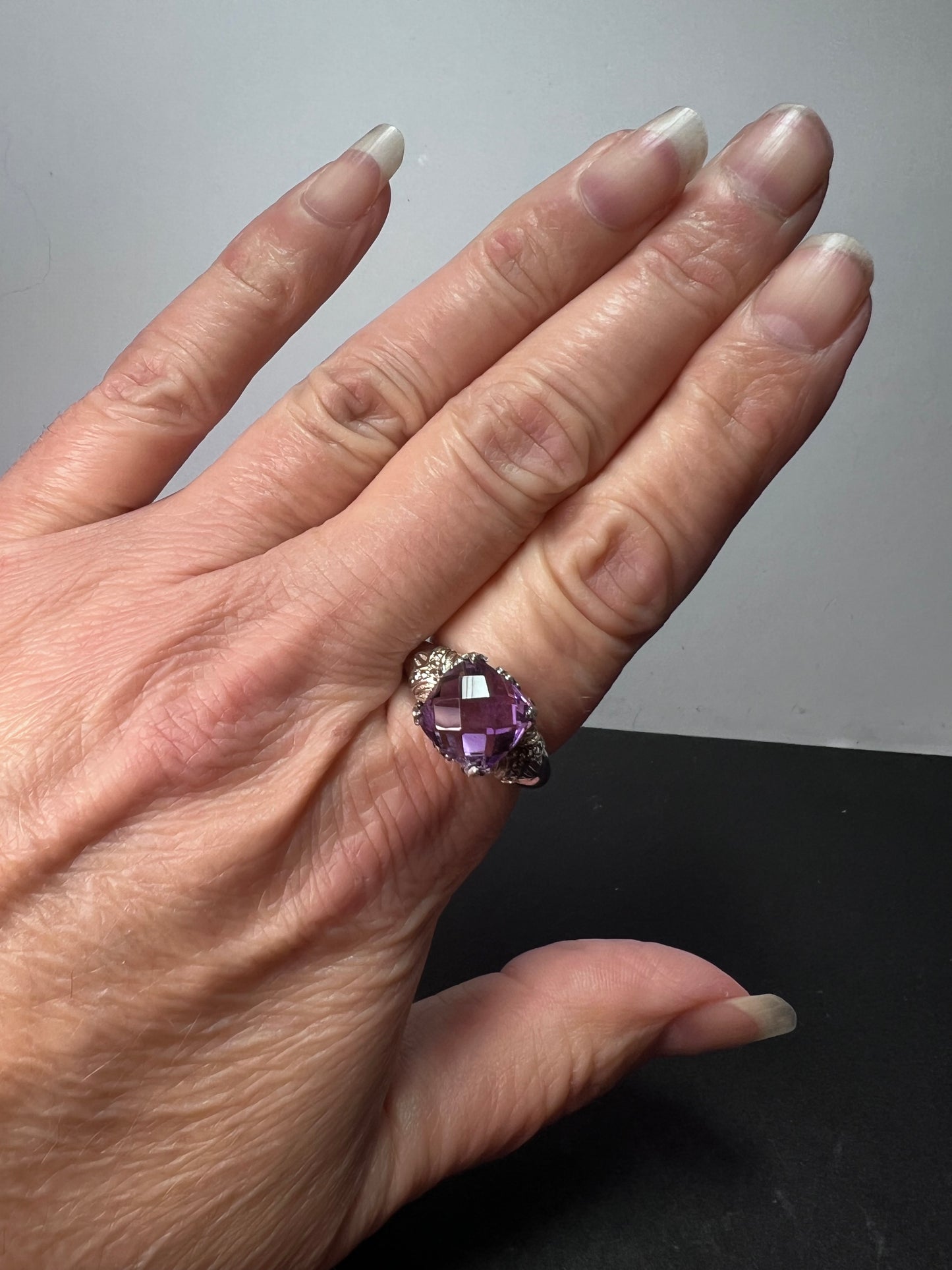 Amethyst cathedral crown setting sterling silver solitaire ring size 9