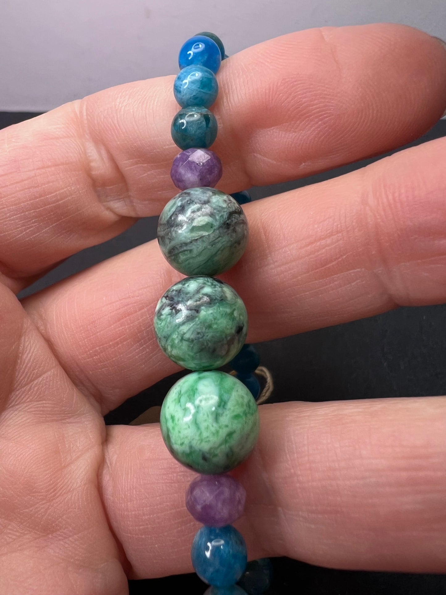 Blue apatite, lepidolite, and Mongolian variscite stretch bracelet 8 inches