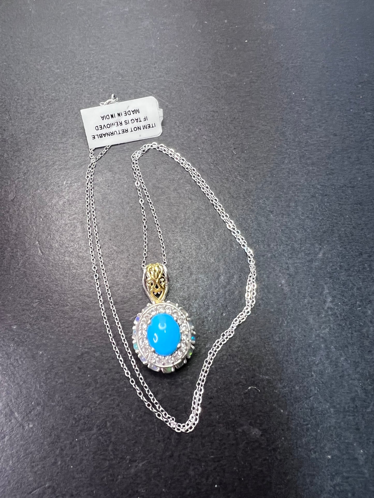 New Opal and sleeping beauty turquoise halo pendant and 20 inch chain necklace