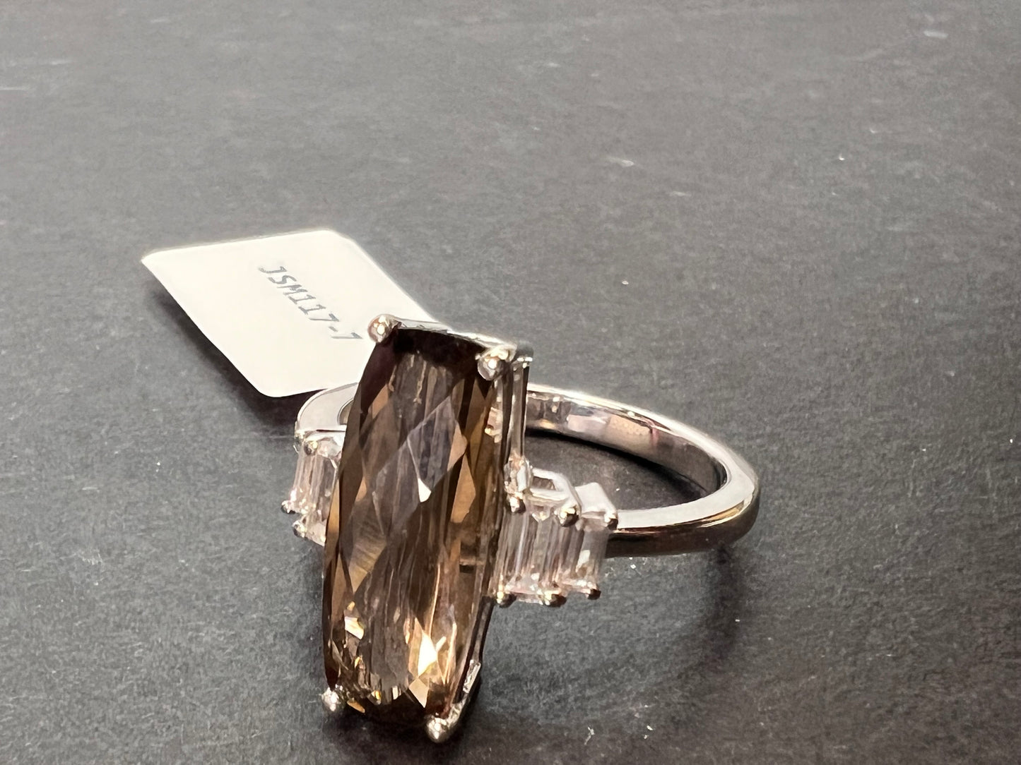 Brown Smoky Quartz With White Zircon Rhodium Over Sterling Silver Ring 3.33ctw size 7 *NEW*