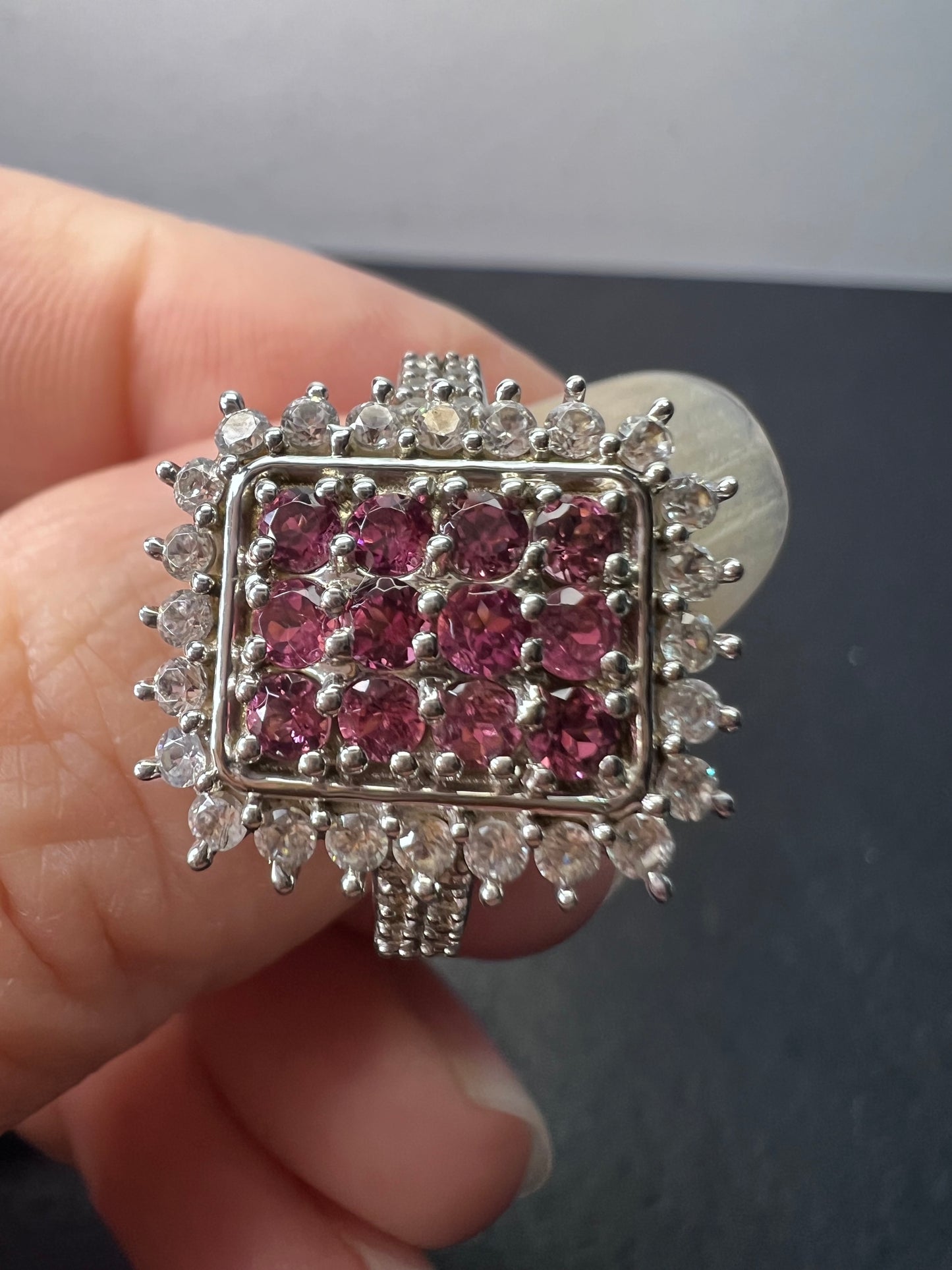 Pink tourmaline and white topaz sterling silver cluster ring size 9