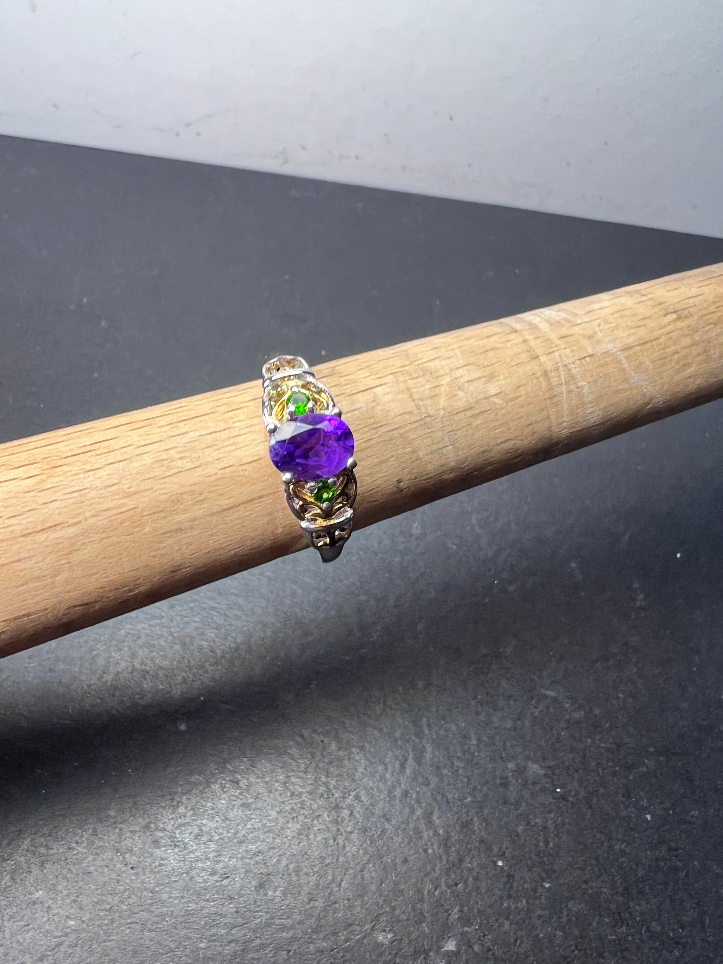 Amethyst and chrome diopside two toned sterling silver ring size 9