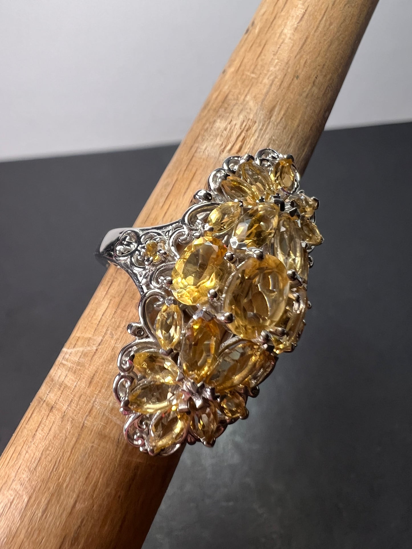 Brazilian citrine floral ring in platinum over sterling silver size 6 *NEW*