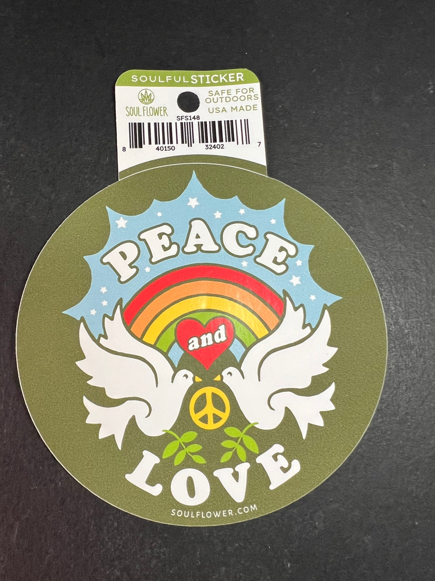 Soul Flower “Peace and Love” Round Sticker – Outdoor Safe USA Made