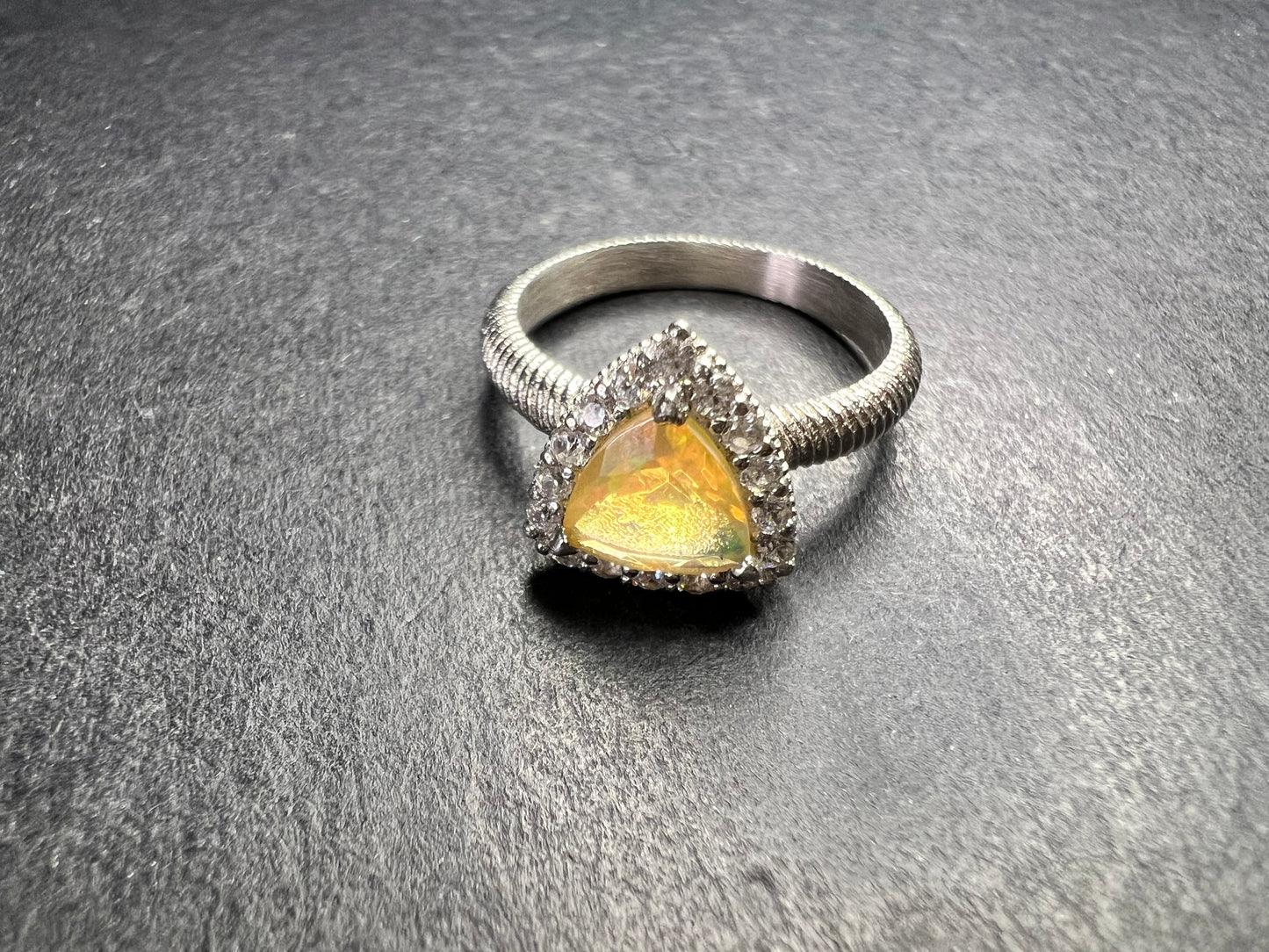 Ethiopian Opal Halo Ring Sterling Silver Size 7 Trillion Cut