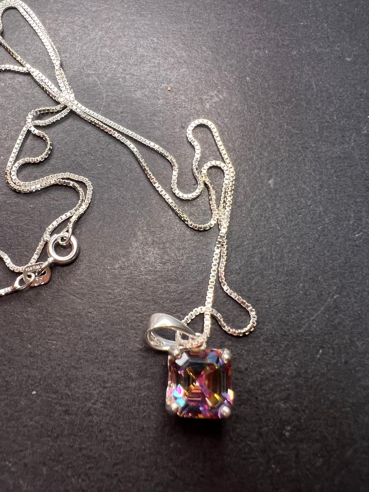 Mystic multi colored quartz gem pendant in sterling silver with chain