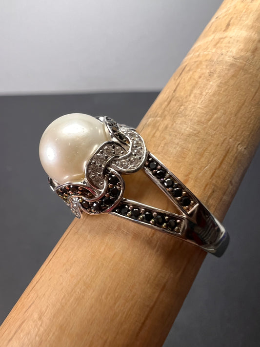 White cultured pearl and multi gem sterling silver ring size 9 *NEW*