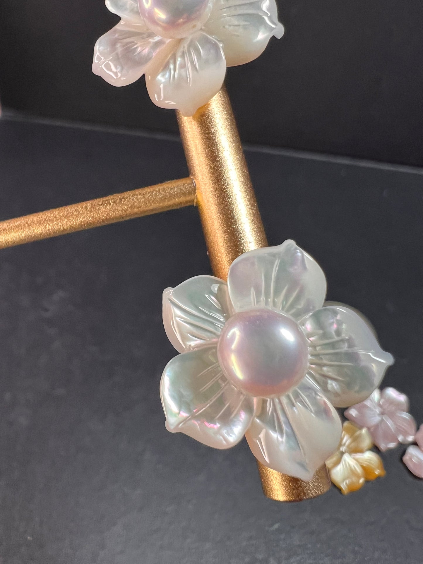 Vintage dead stock set of mother of pearl plumeria stud earrings in sterling silver