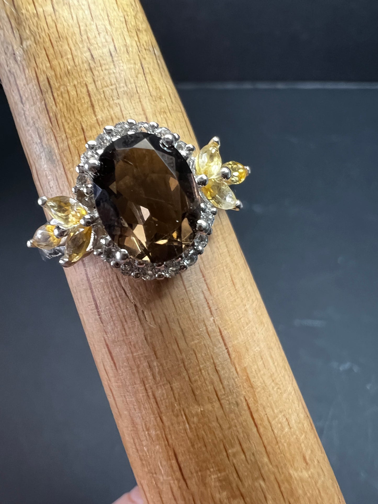 Smoky Quartz Citrine White Topaz Sterling Silver Ring Size 9 Estate