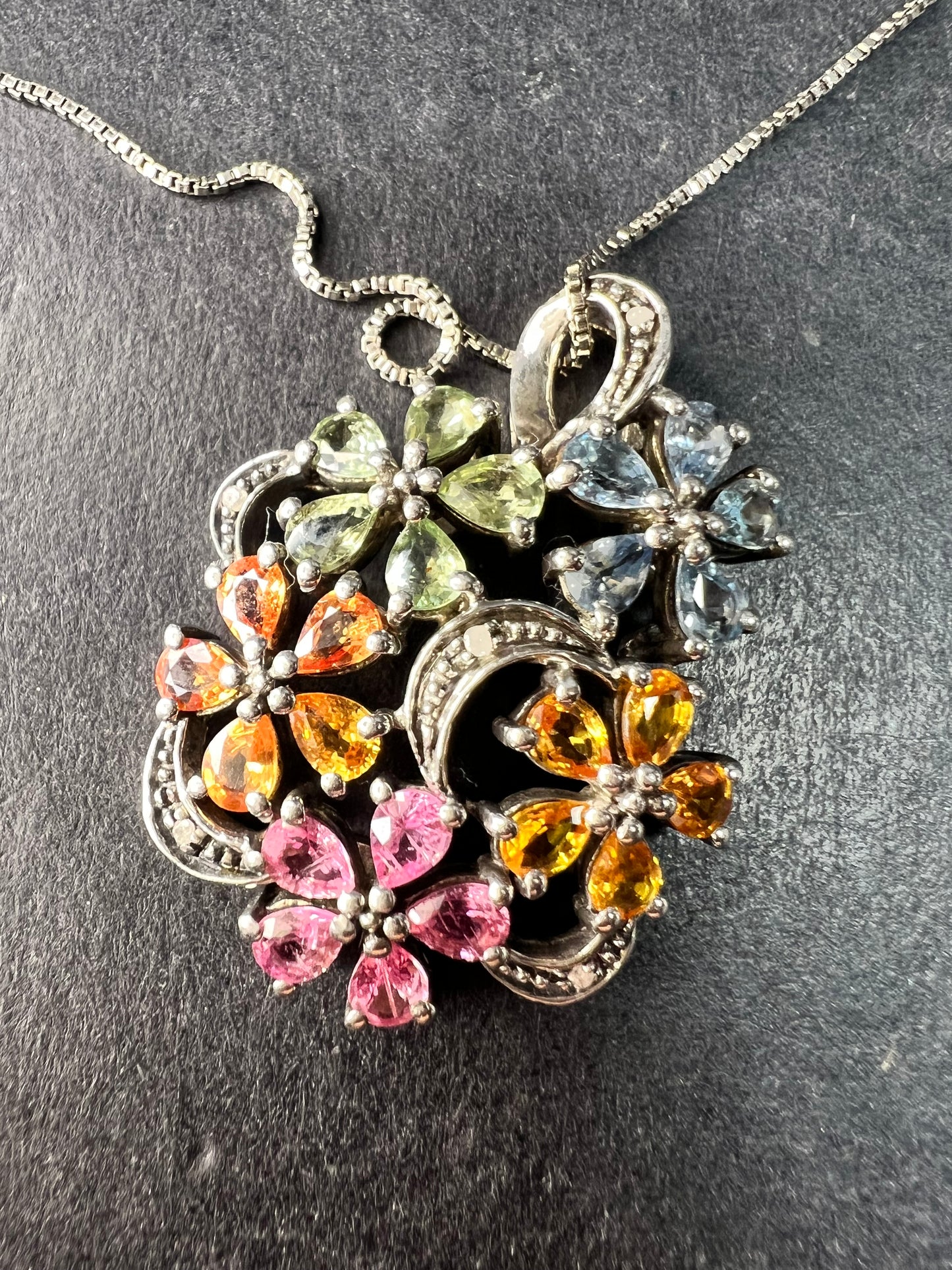 Vintage Sterling Silver Multi Sapphire & Diamond Flower Pendant