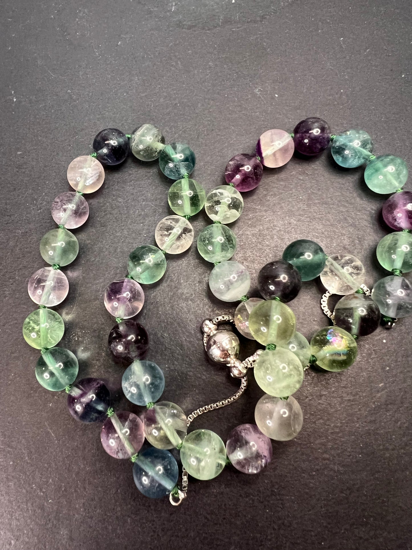 Fluorite knotted beaded bolo necklace with sterling silver magnetic clasp