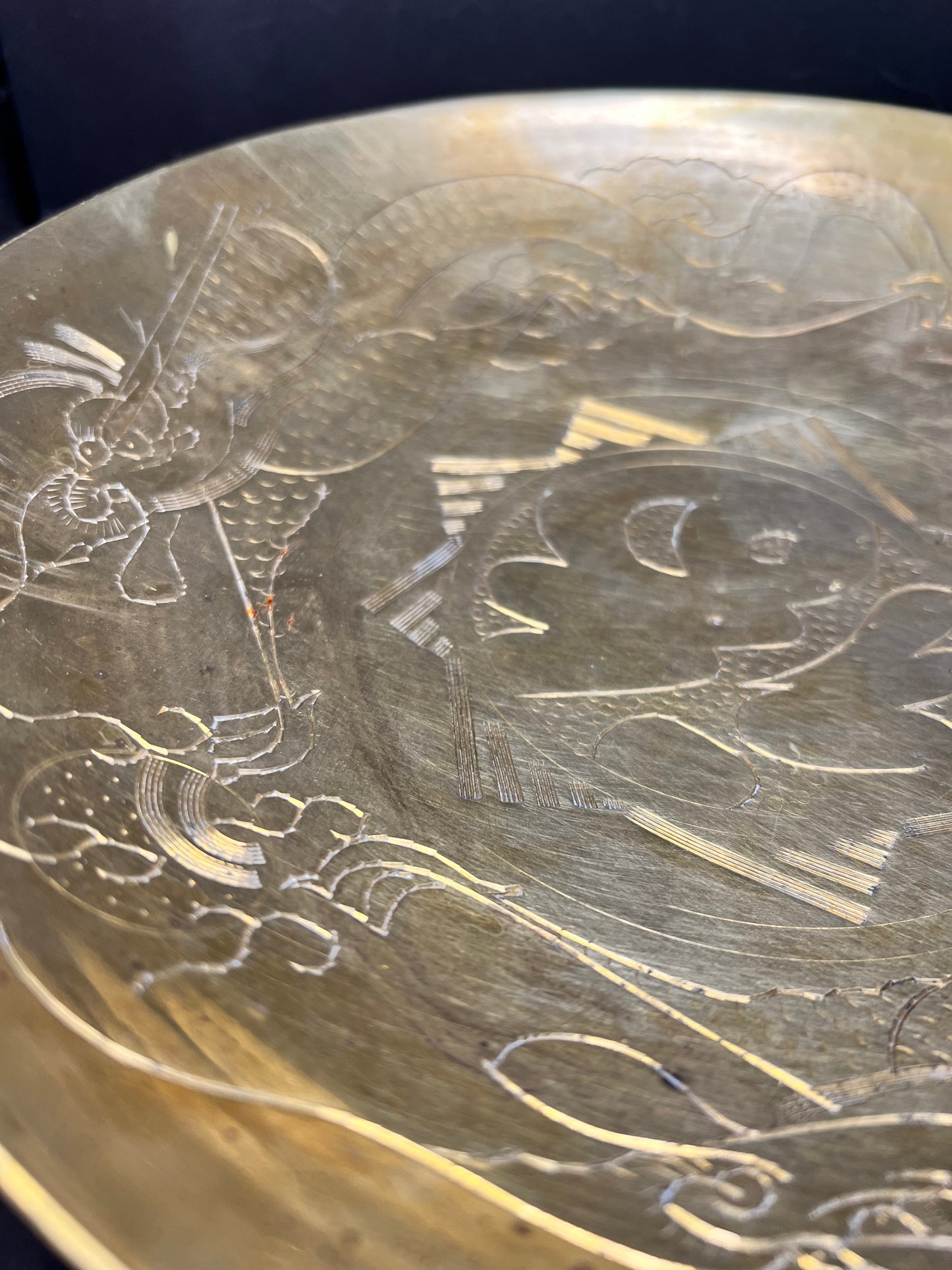 Antique 1920s Chinese Etched Brass Dragon Bowl - 10” Hand Engraved MCM Decor