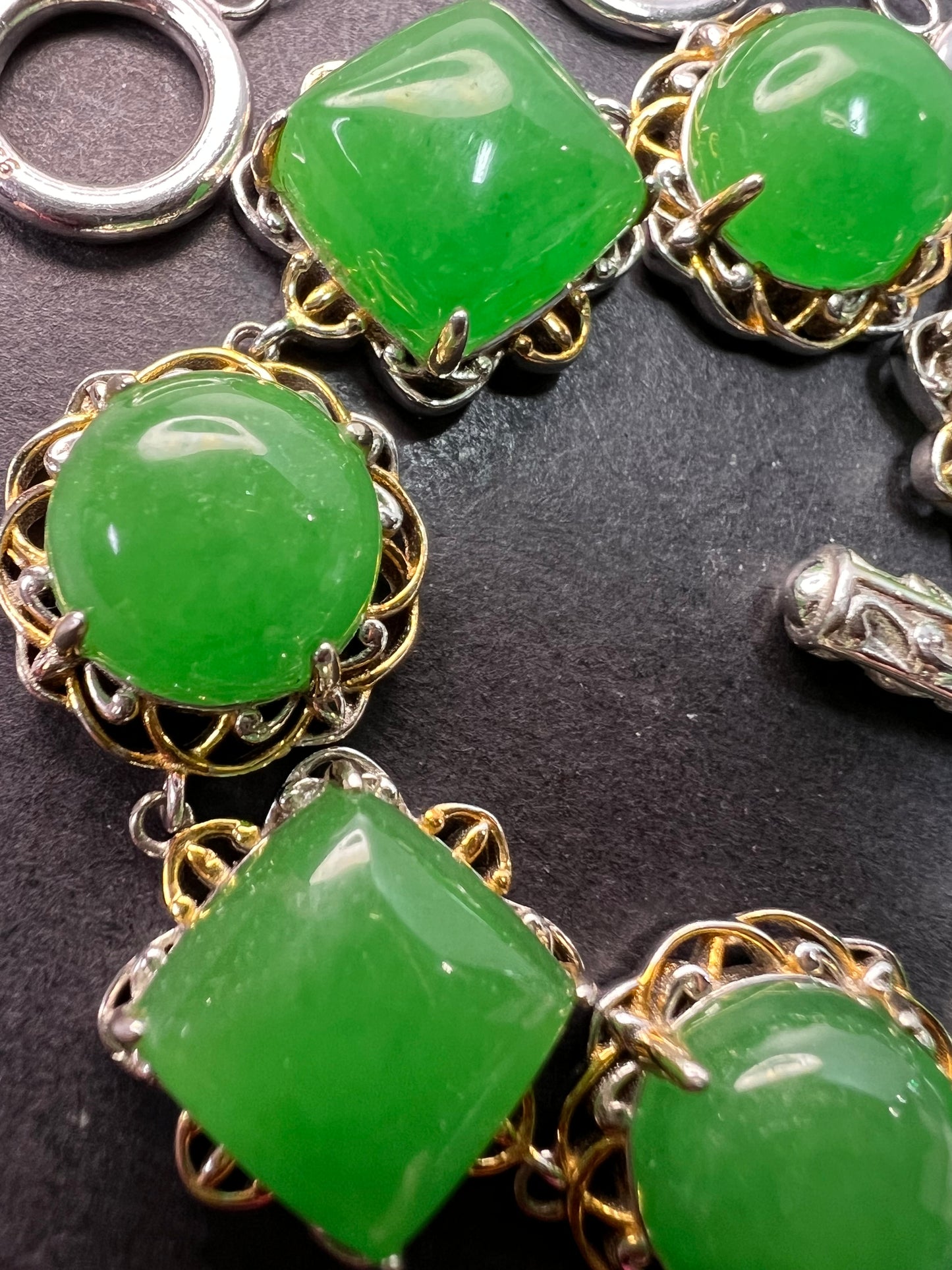 Green Jade two toned sterling silver toggle bracelet