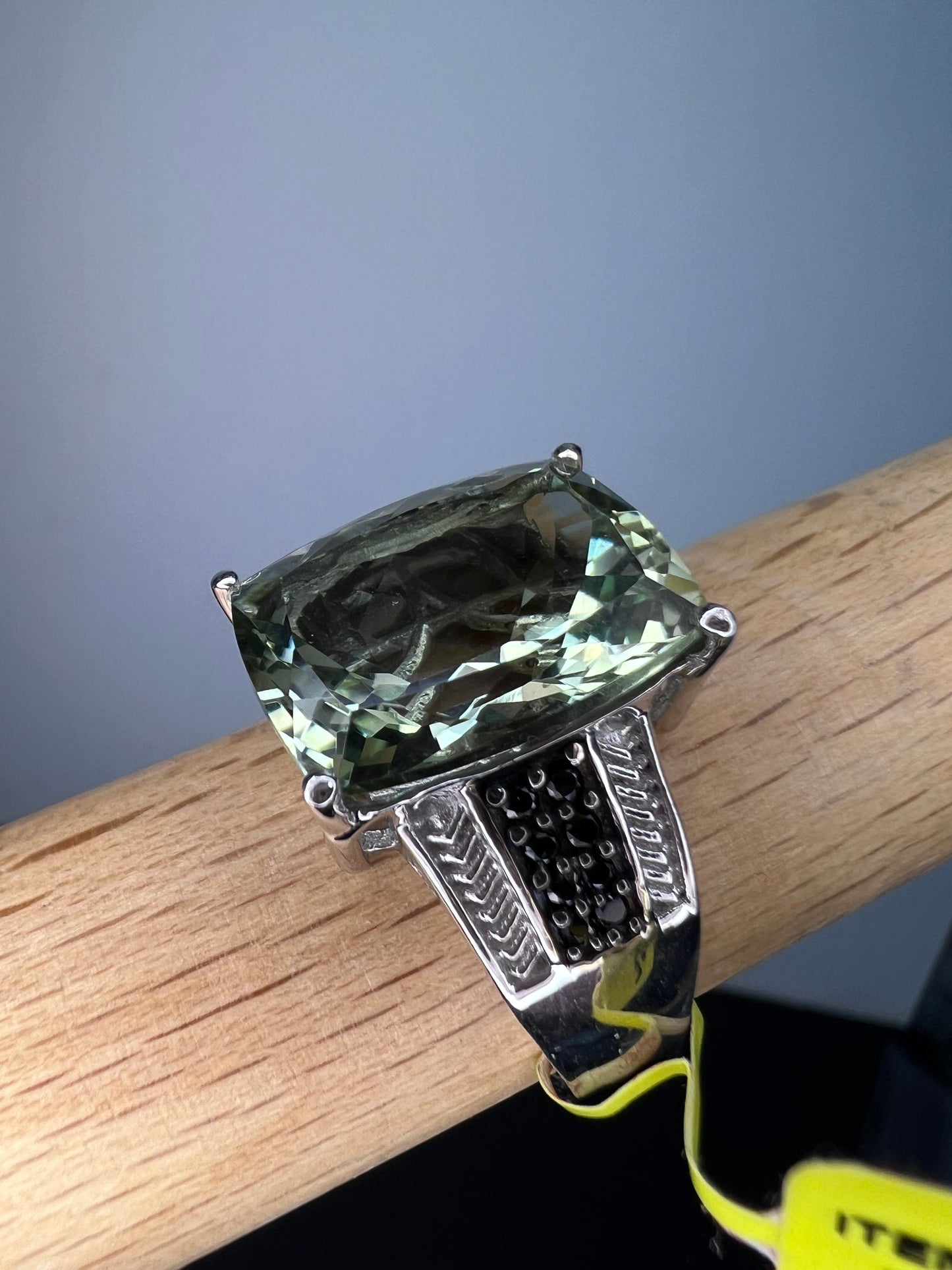 New Prasiolite and black spinel sterling silver ring size 10