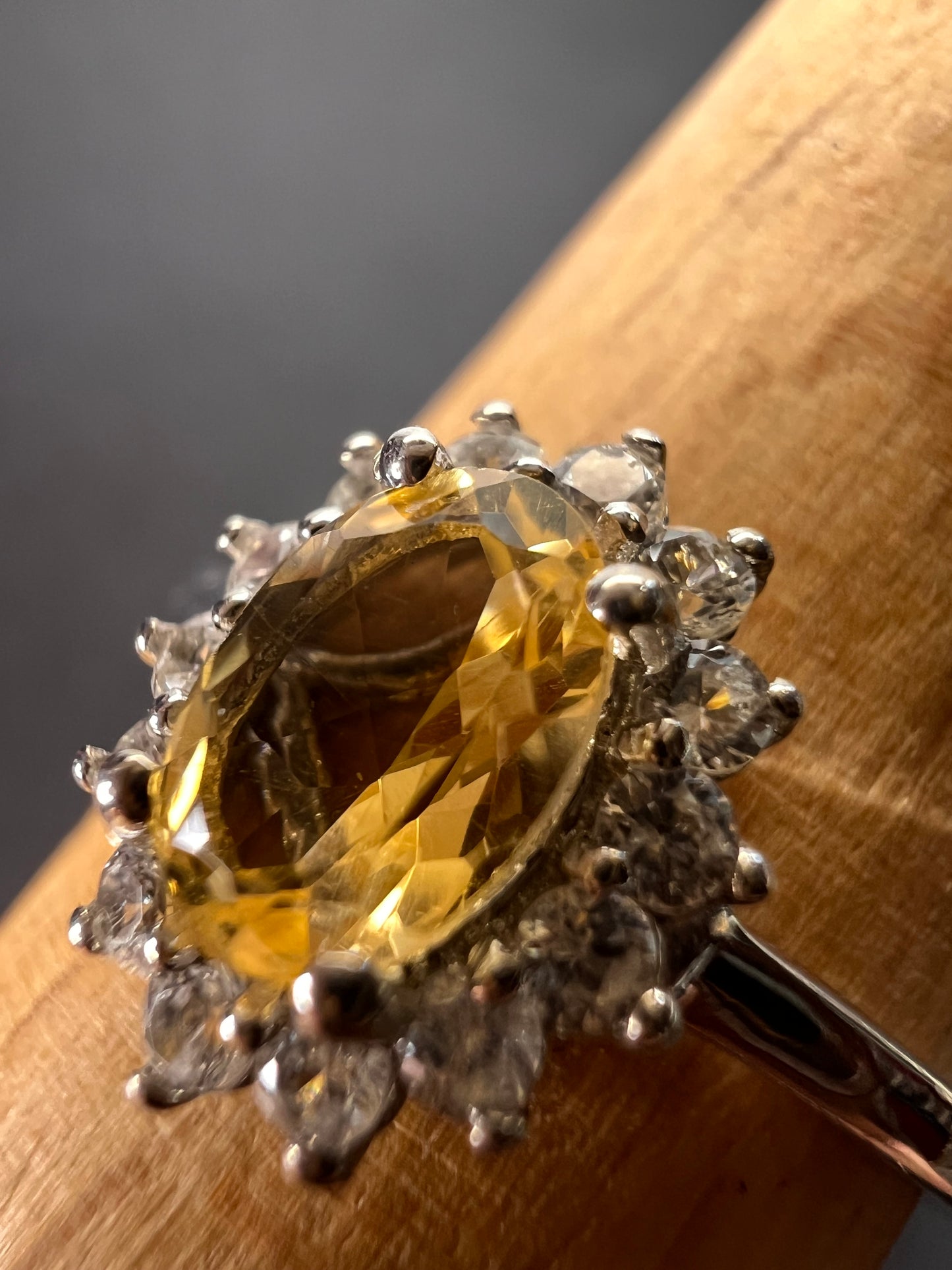 Brazilian citrine and zircon halo ring in platinum over sterling silver size 9 *NEW*