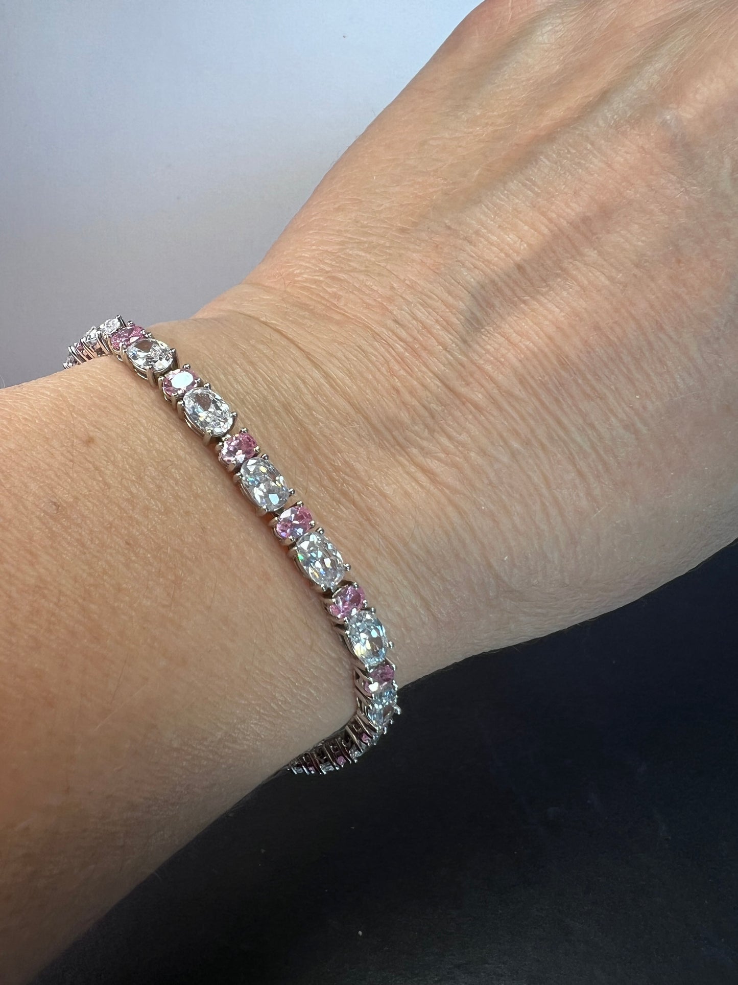 Pink and white cubic zirconia sterling silver 7 inch bracelet