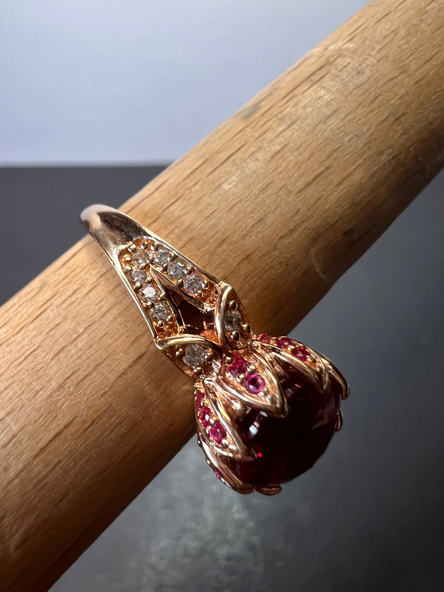 Lab Ruby and pink sapphire rose gold over sterling statement ring size 10