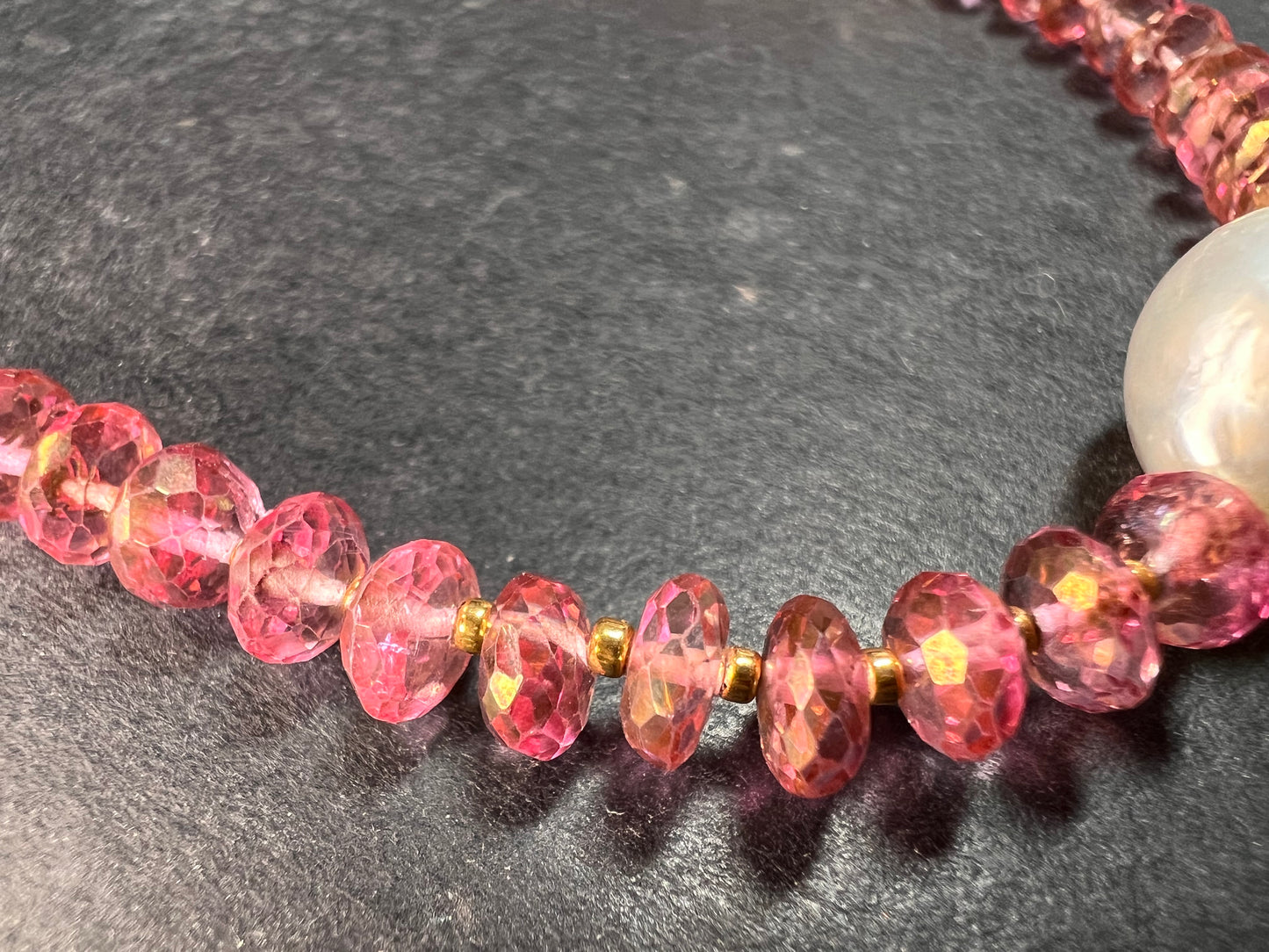 Gold Filled Necklace with Baroque Pearl and Pink Faceted Gemstone Beads