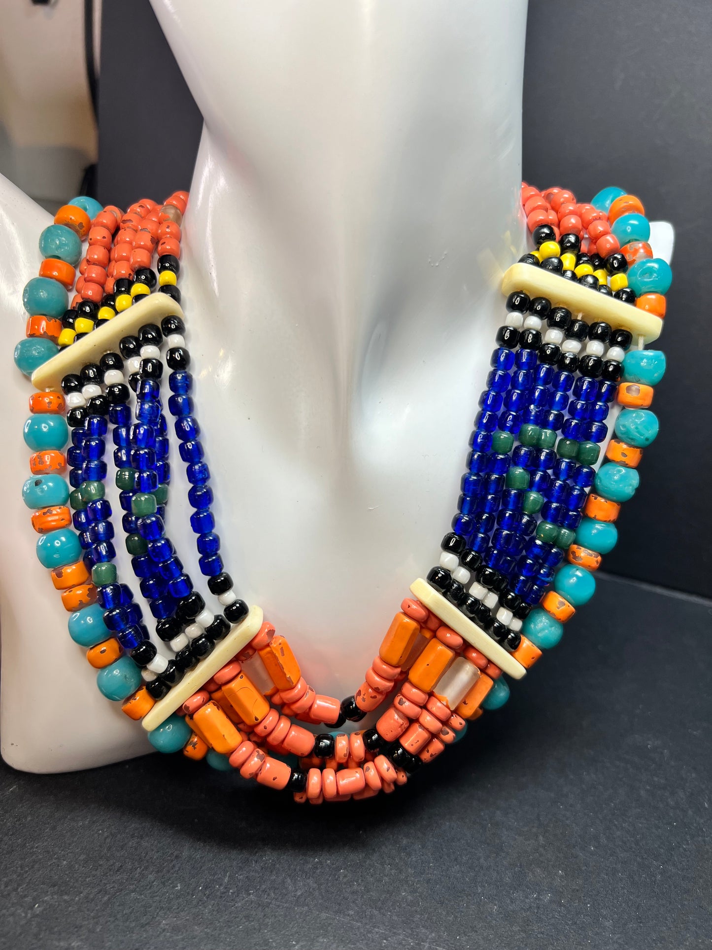 Vintage West African Influenced Multistrand Trade Bead Necklace Fiber Tie