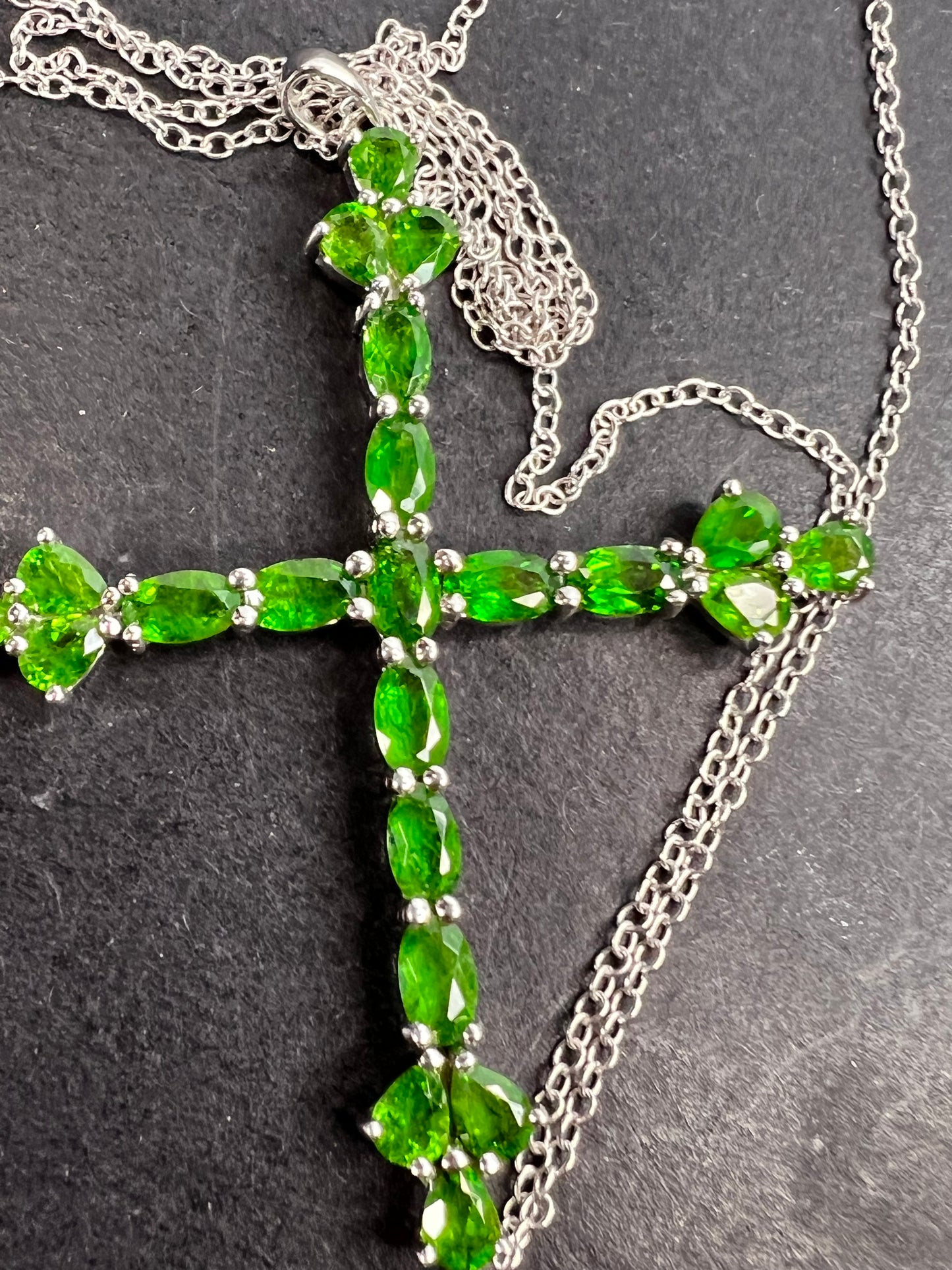 Chrome diopside cross pendant and chain in sterling silver