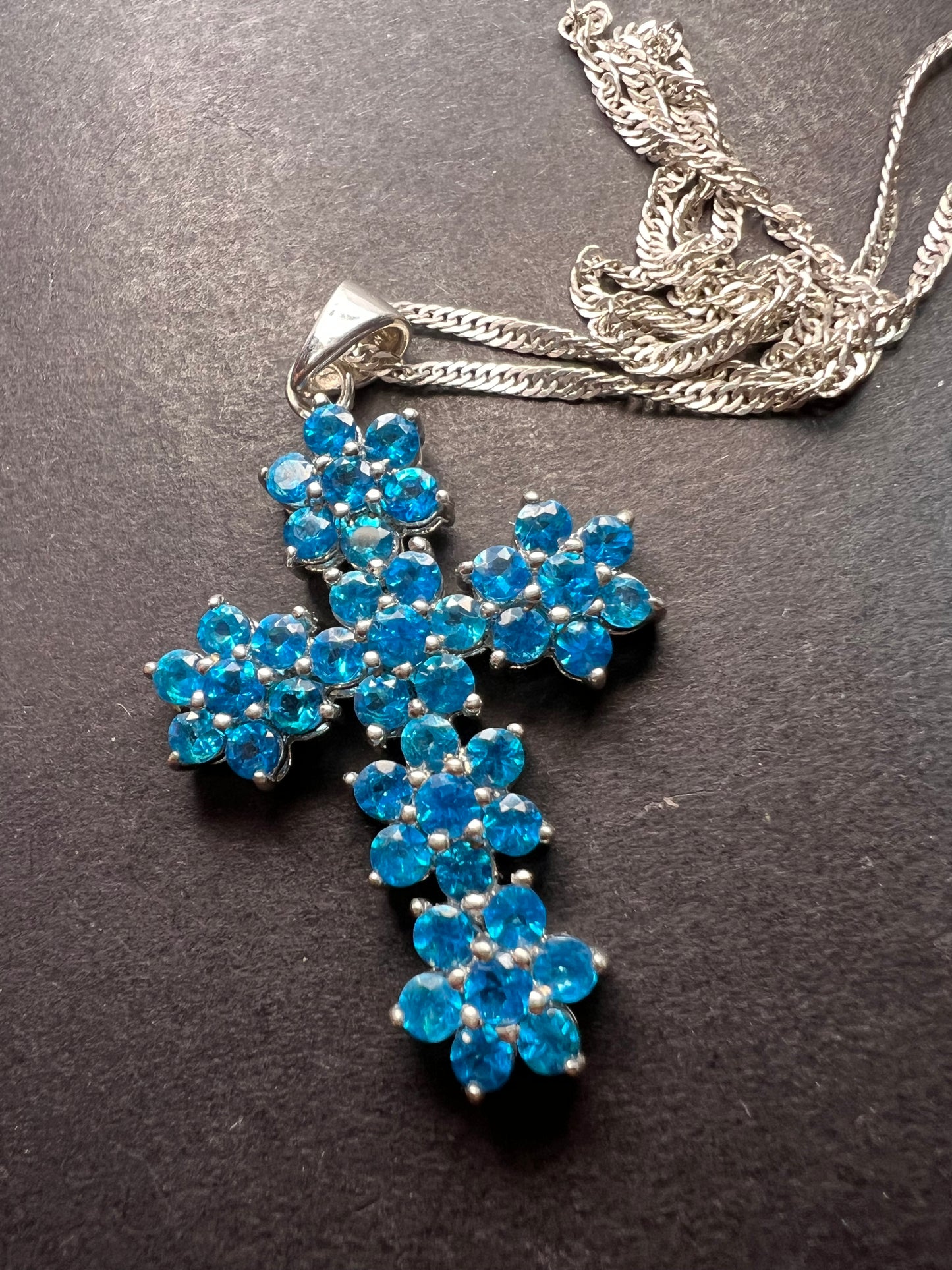 Blue Apatite Rhodium Over Sterling Silver Cross Pendant With Chain 3.25ctw