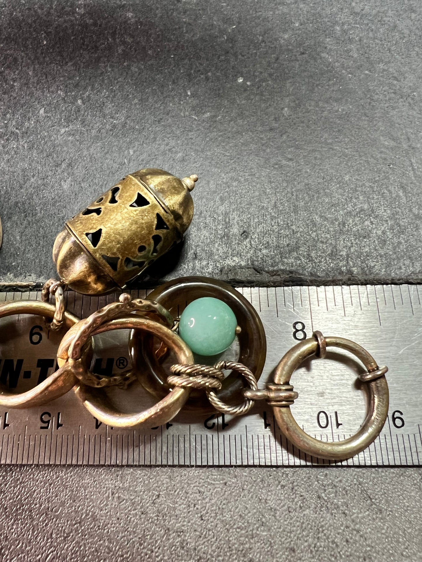 Vintage Charm Bracelet Brass Tone Glass Beads Chunky Statement 8 Inch