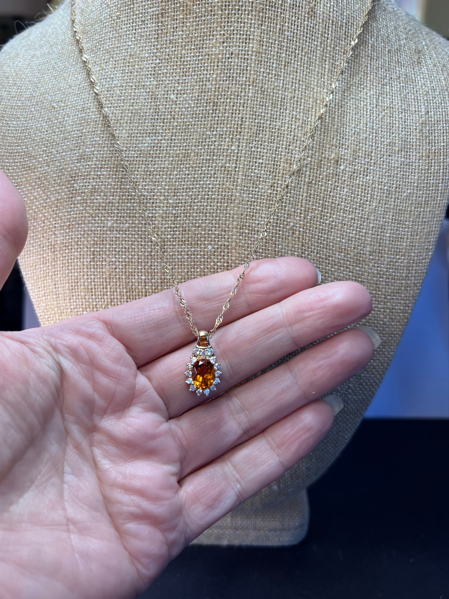 Mandarin citrine and white topaz halo pendant necklace in 14k gold over sterling silver