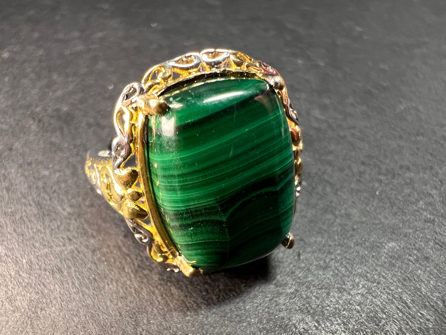 Karis Platinum & 18K Gold Plated Malachite Statement Ring Size 7