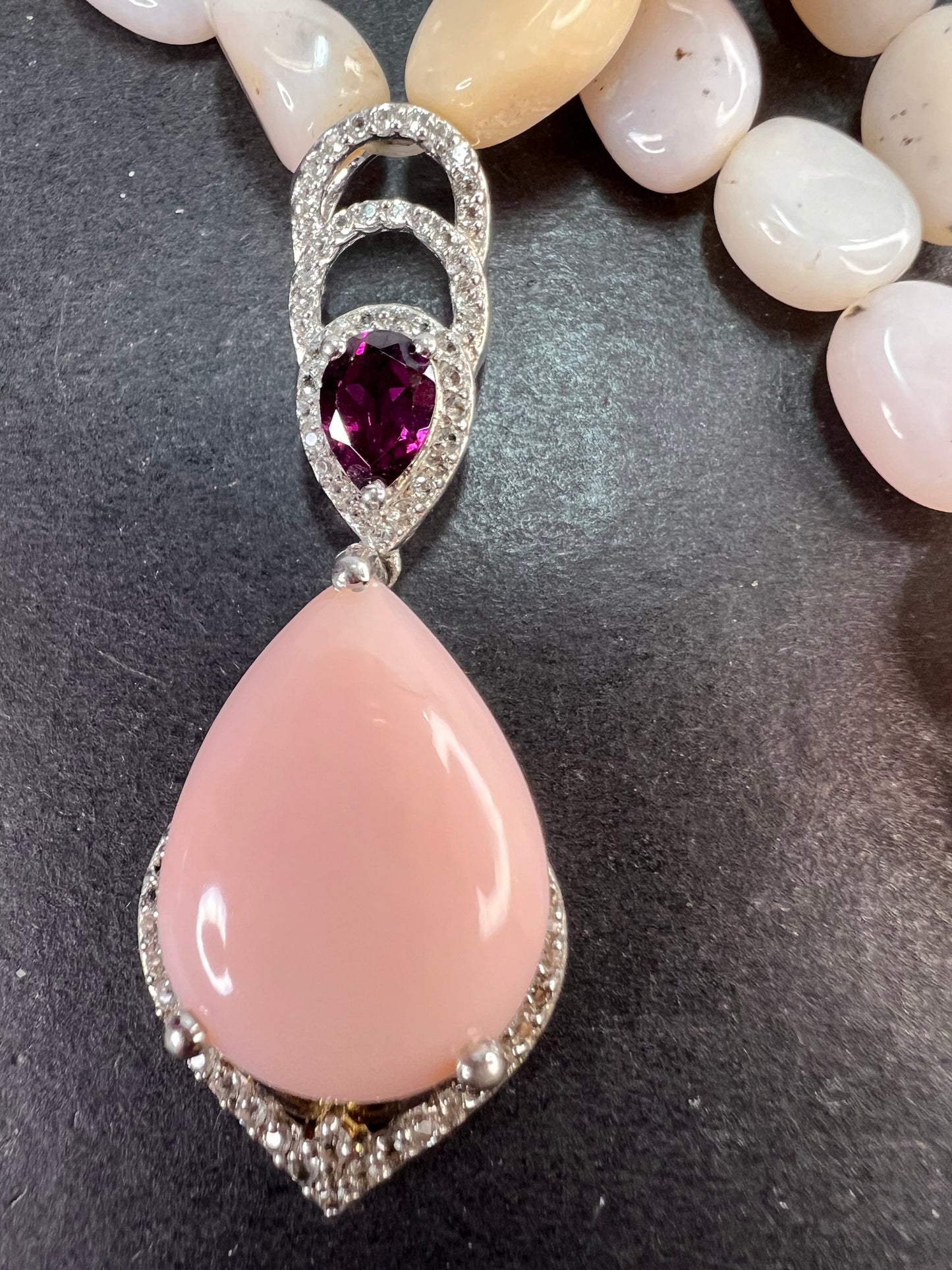 Peruvian pink opal and raspberry rhodolite garnet sterling silver necklace