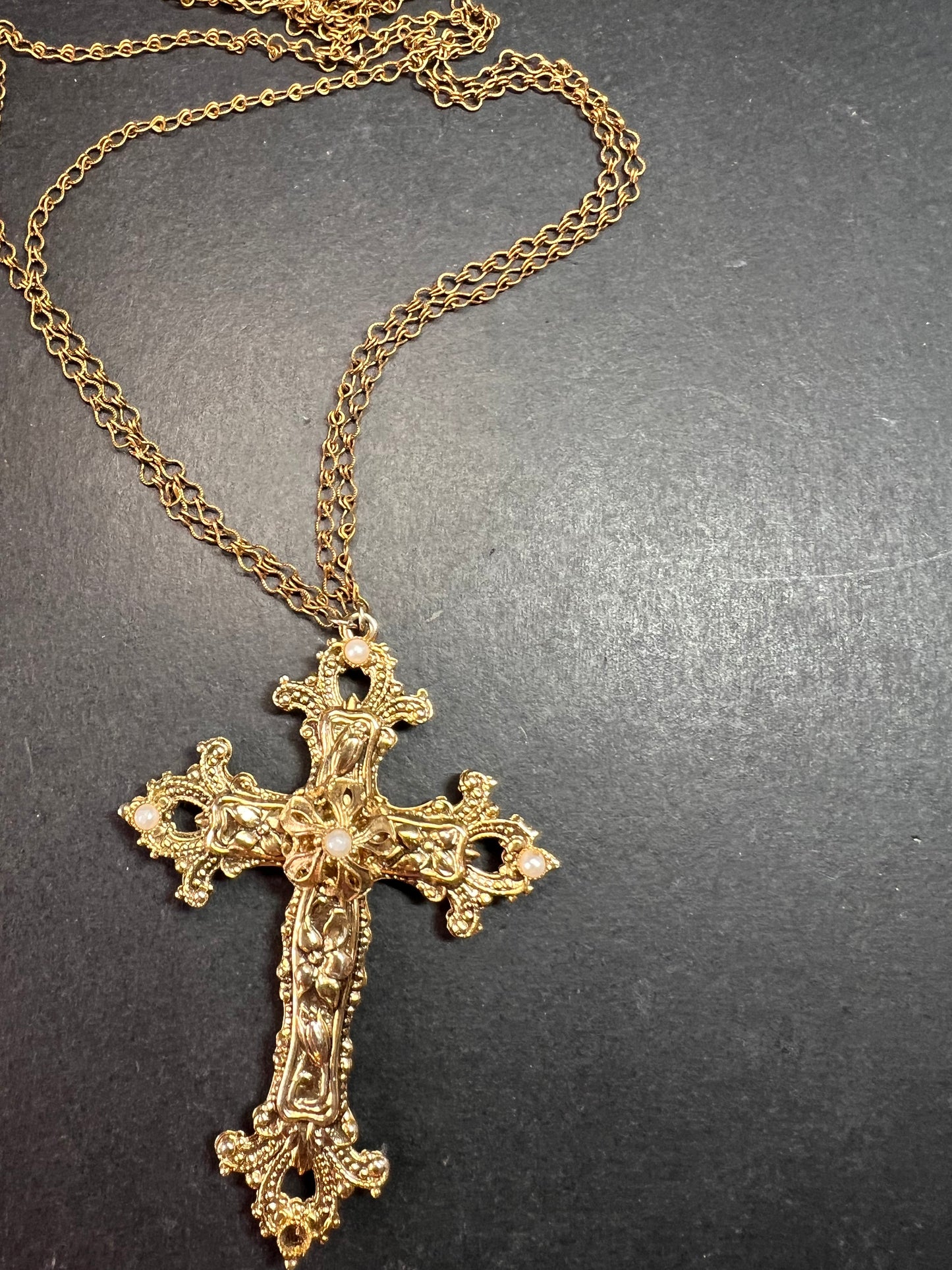 Vintage 1928 Gold Tone Cross Pendant Necklace with Faux Pearls – Long Chain Statement Jewelry