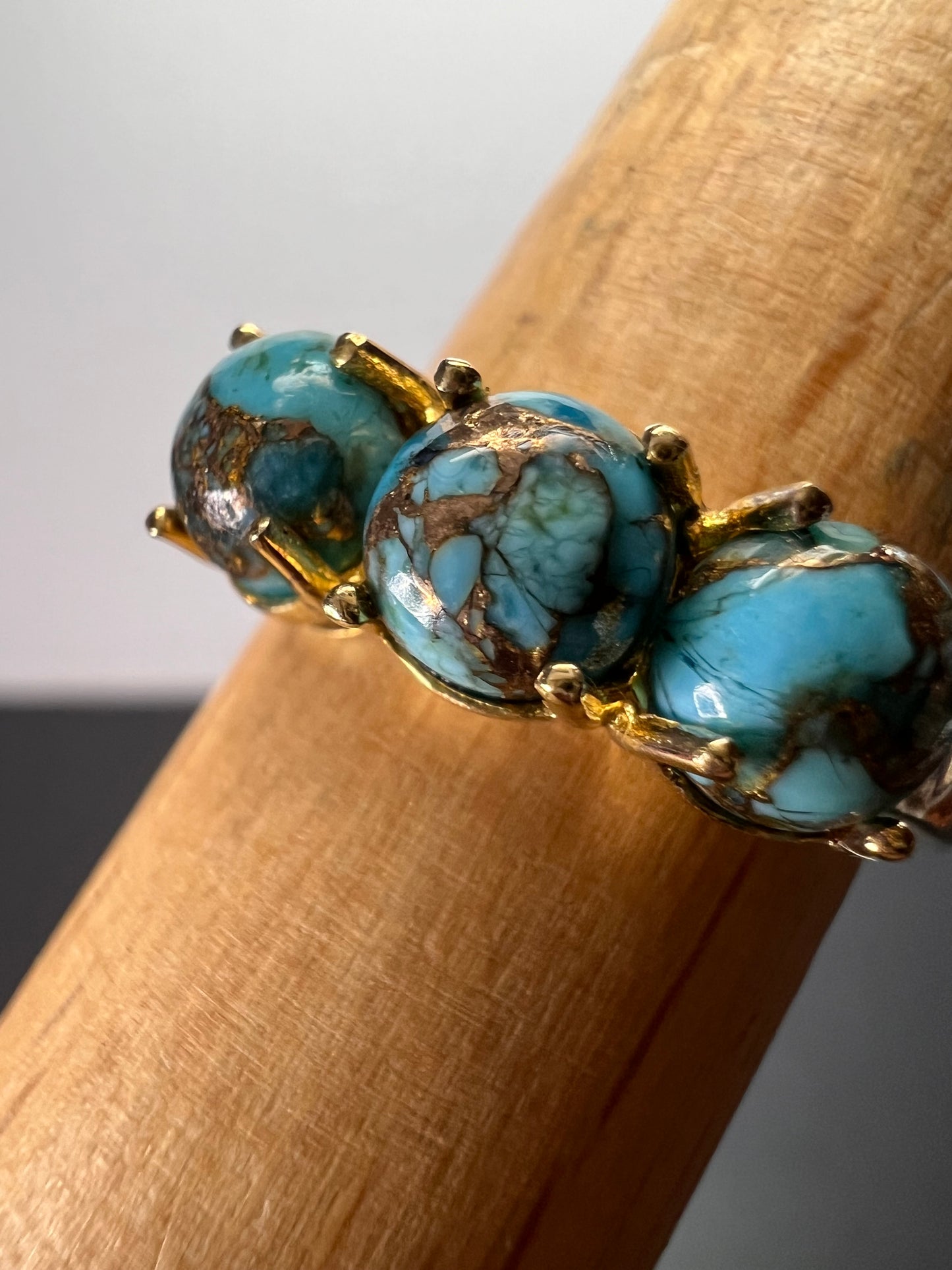 Blue composite turquoise trilogy ring in gold over sterling silver size 9