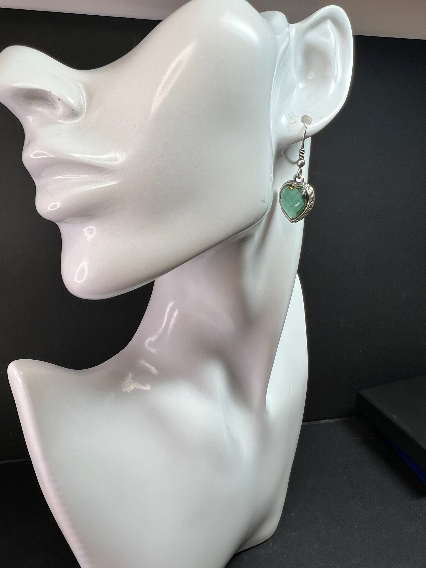 Vintage 90s Sterling Silver Green Glass Heart Earrings Gold Accent 925 Dangle