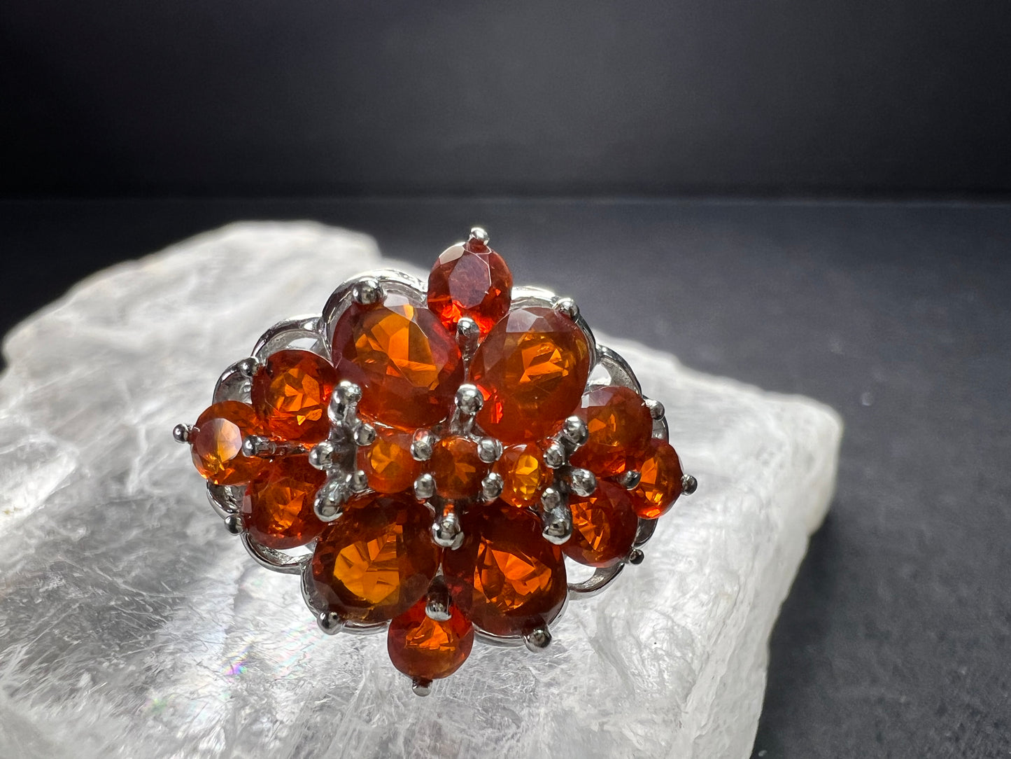 Vintage Sterling Silver Mexican Fire Opal Floral Cluster Ring Sz 9