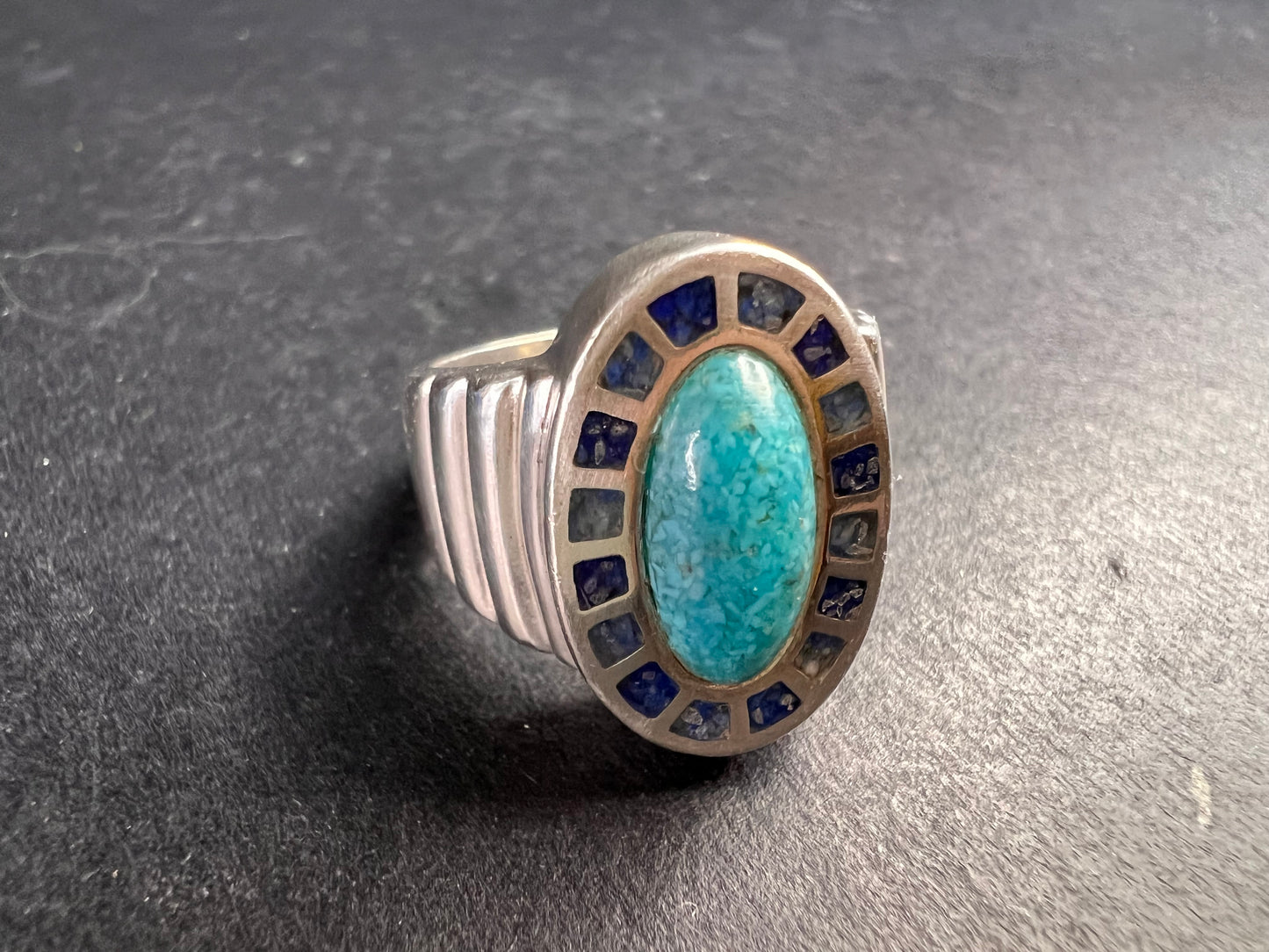 Vintage Sterling Silver Coleman Co. Turquoise & Lapis Mosaic Inlay Ring – Size 7