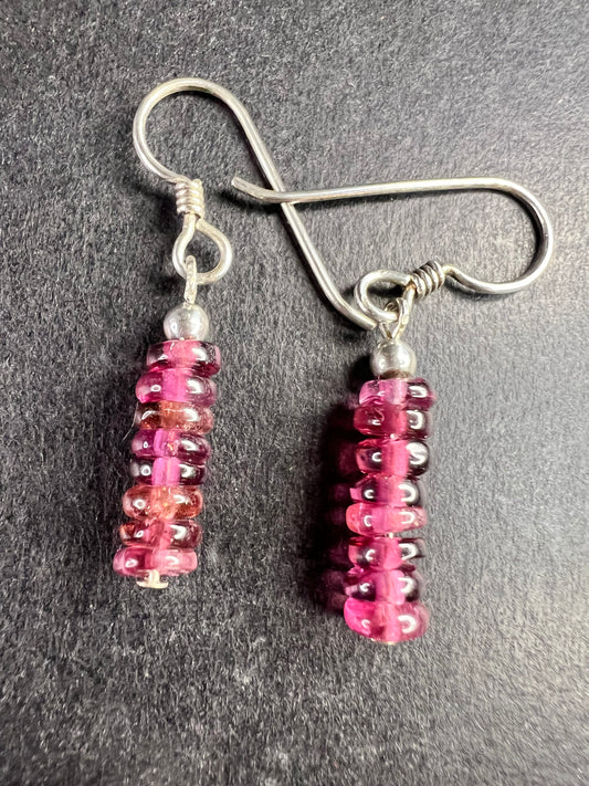 Sterling Silver Pink Rubellite Tourmaline Heishi Drop Earrings