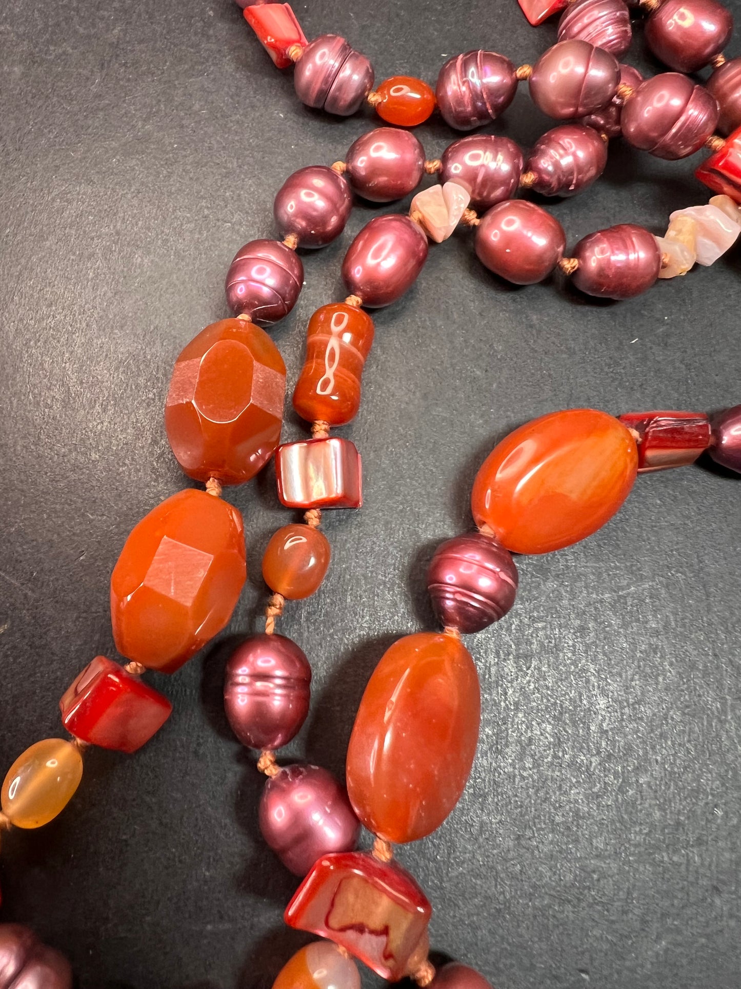 NEW carnelian and freshwater pearl multi strand necklace with sterling silver clasp