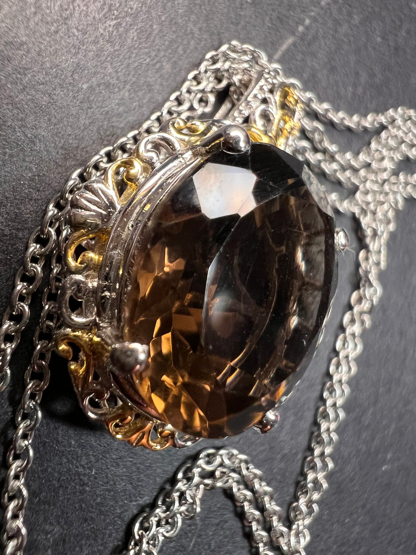 NEW Smoky Quartz pendant necklace in platinum and YG over brass and stainless steel 20 inches