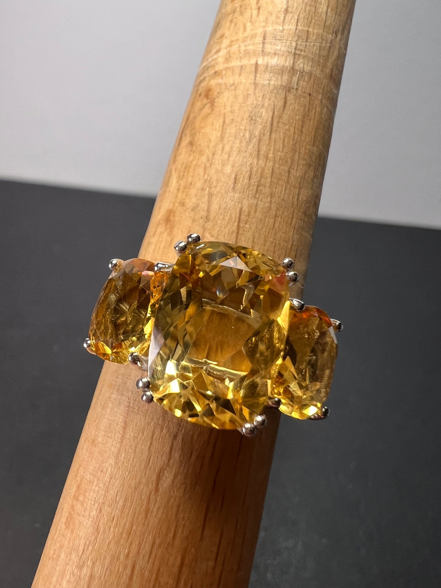 Brand new Brazilian citrine and white zircon 10.20 trilogy ring in platinum over sterling silver size 9