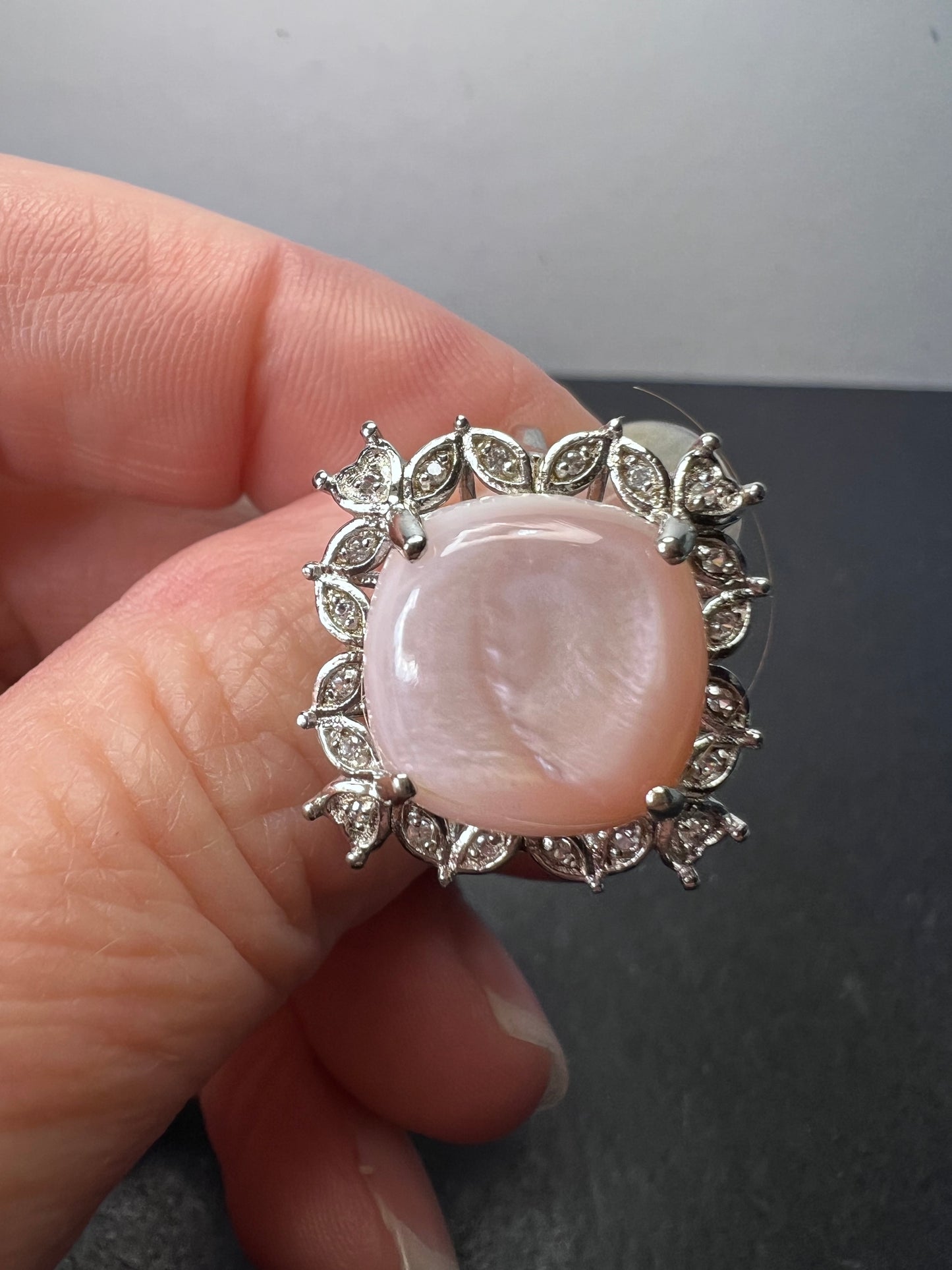 Pink Mother-of-Pearl With White Zircon Rhodium Over Sterling Silver Ring size 8