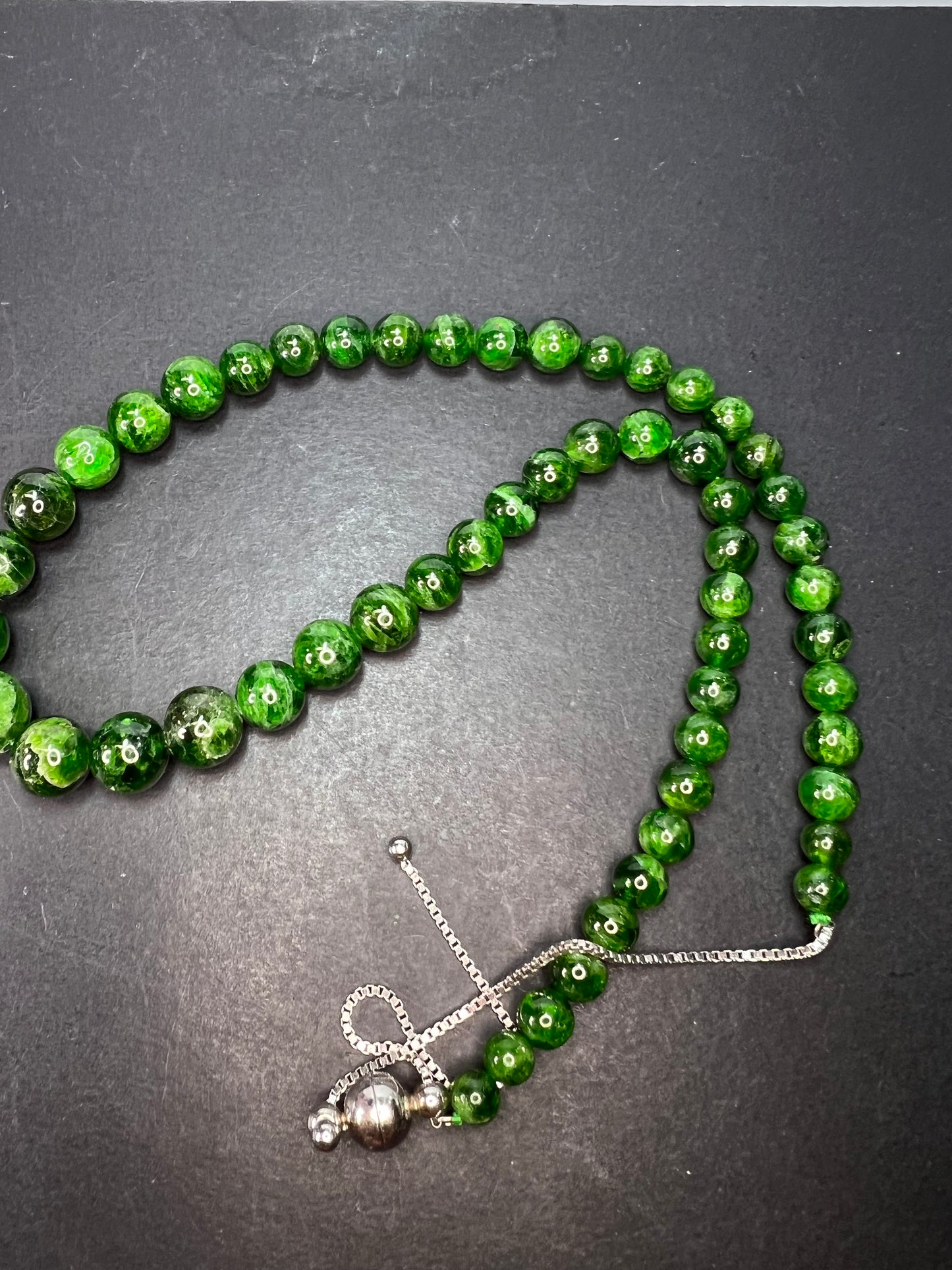 Russian green chrome diopside graduated beaded bolo sterling silver necklace