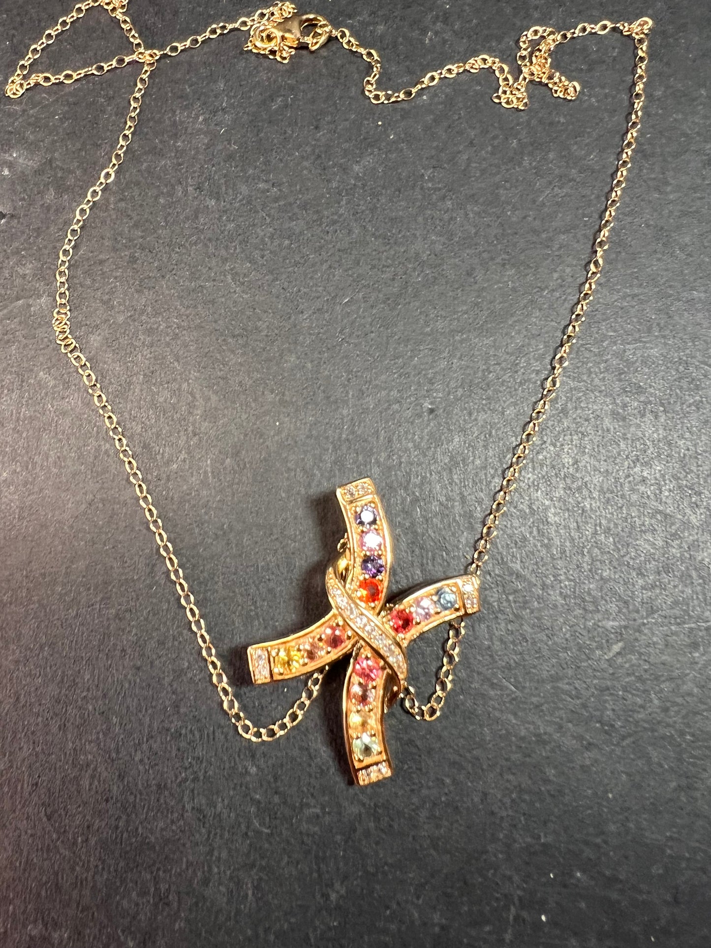 NEW Rainbow sapphire curved cross pendant and chain in gold vermeil over sterling silver