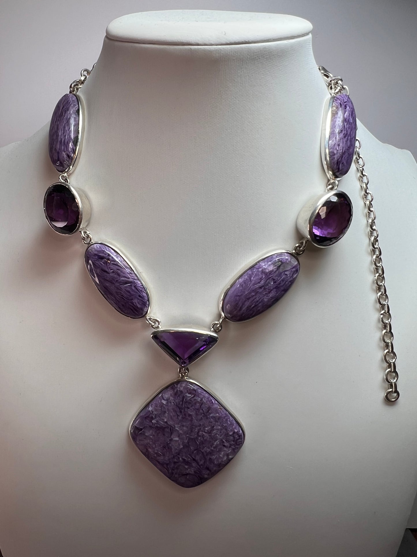 NEW Charoite and amethyst sterling silver necklace