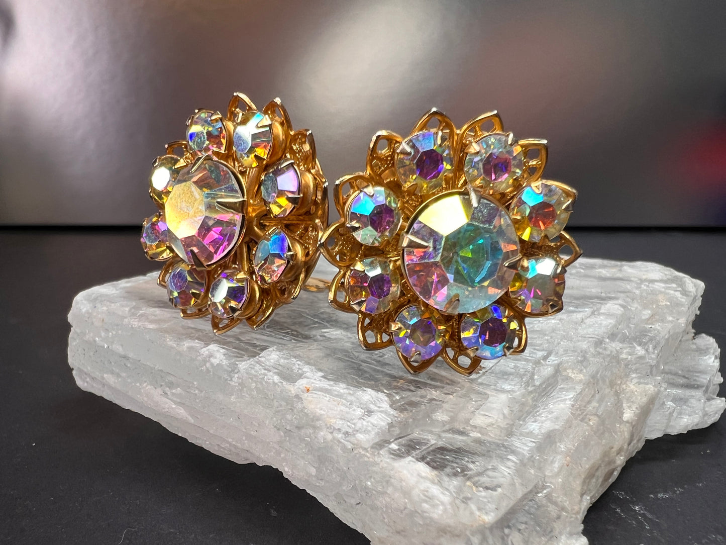 Vintage AB Rhinestone Floral Clip-On Earrings | Mid-Century Costume