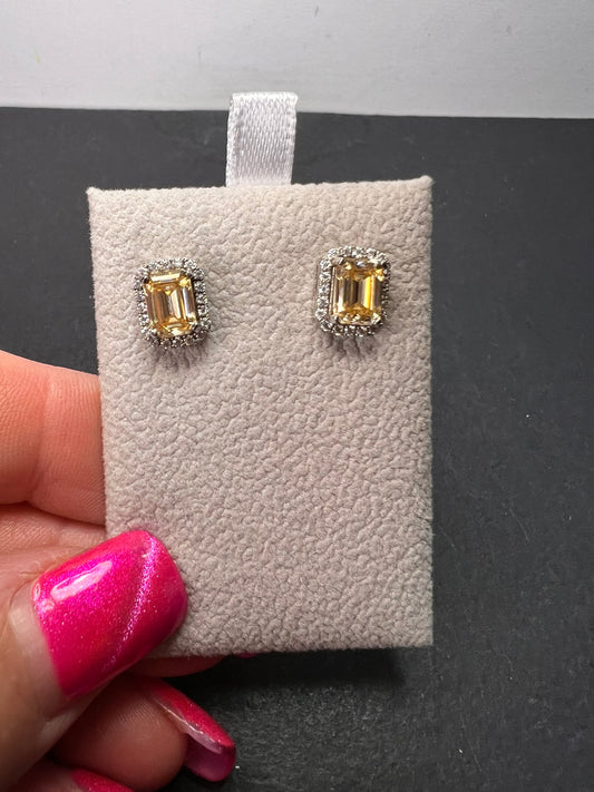 Yellow and white moissanite halo stud earrings in rhodium over sterling silver 2.35ctw