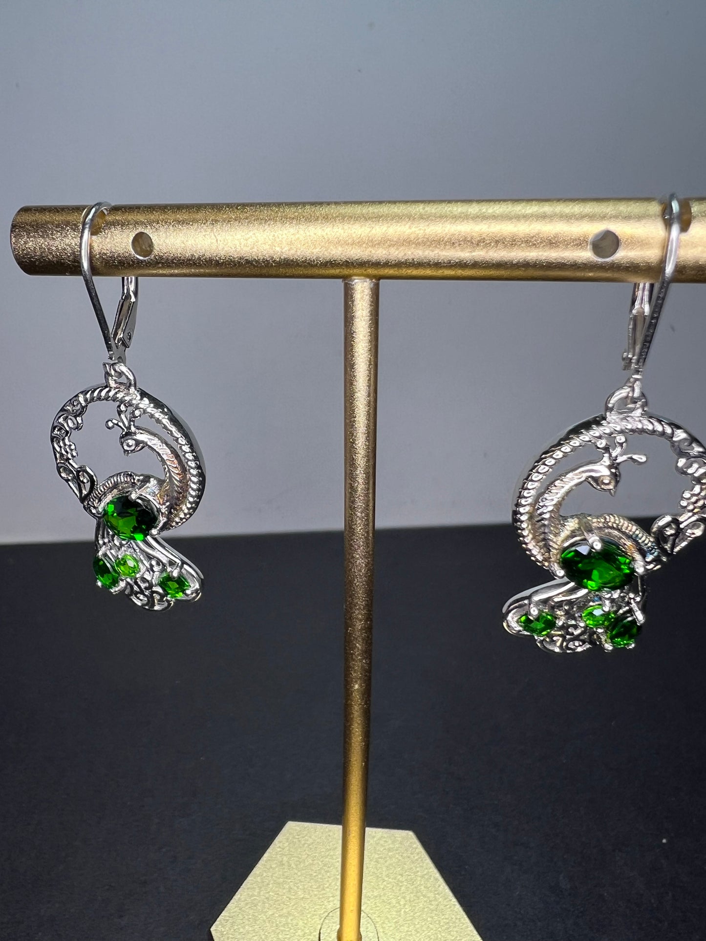 Chrome diopside sterling silver peacock dangle earrings