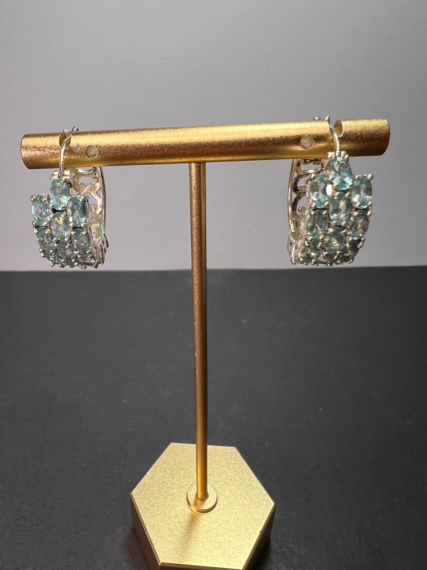 Blue apatite multi row sterling silver hoop earrings