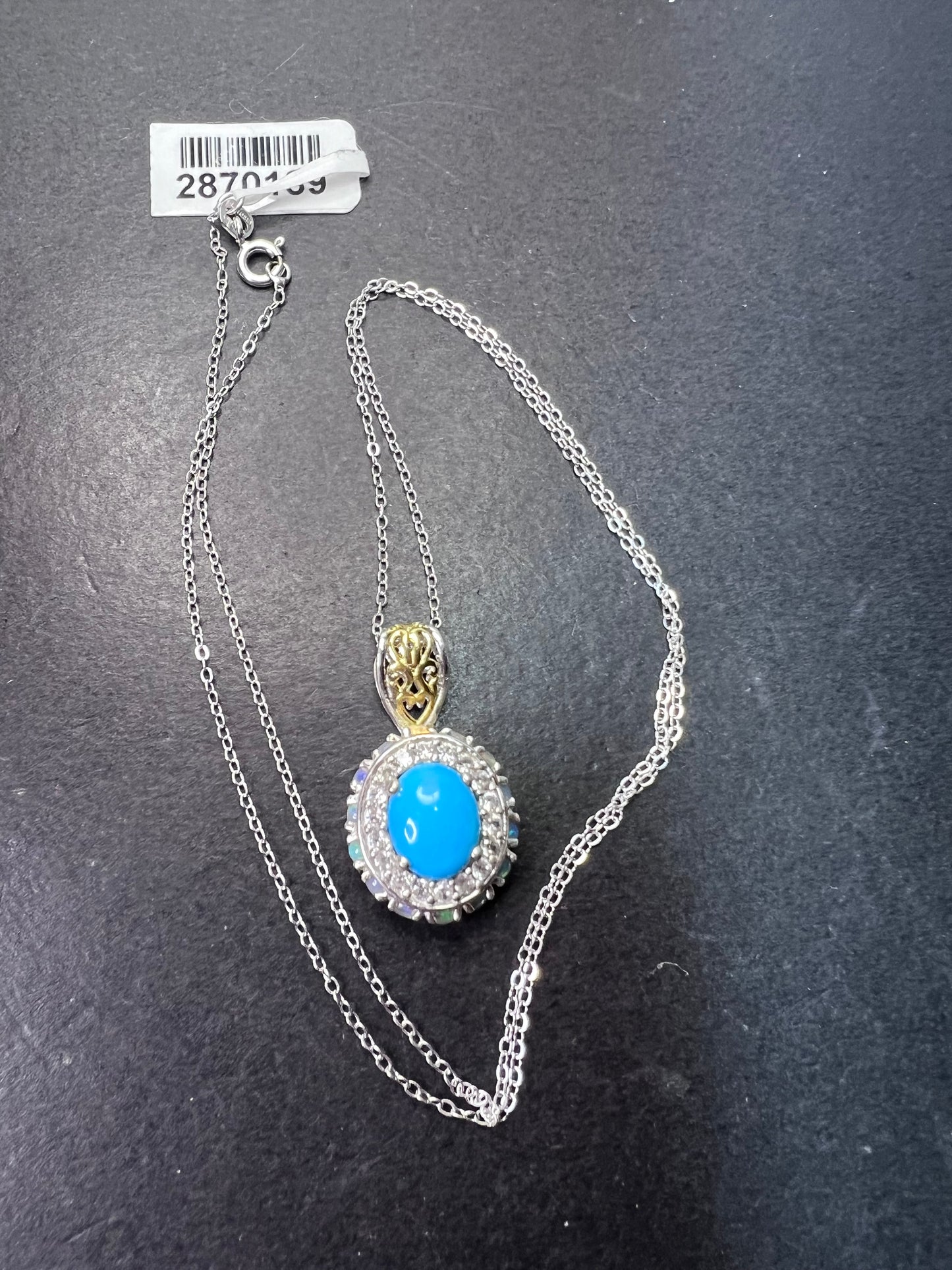 New Opal and sleeping beauty turquoise halo pendant and 20 inch chain necklace